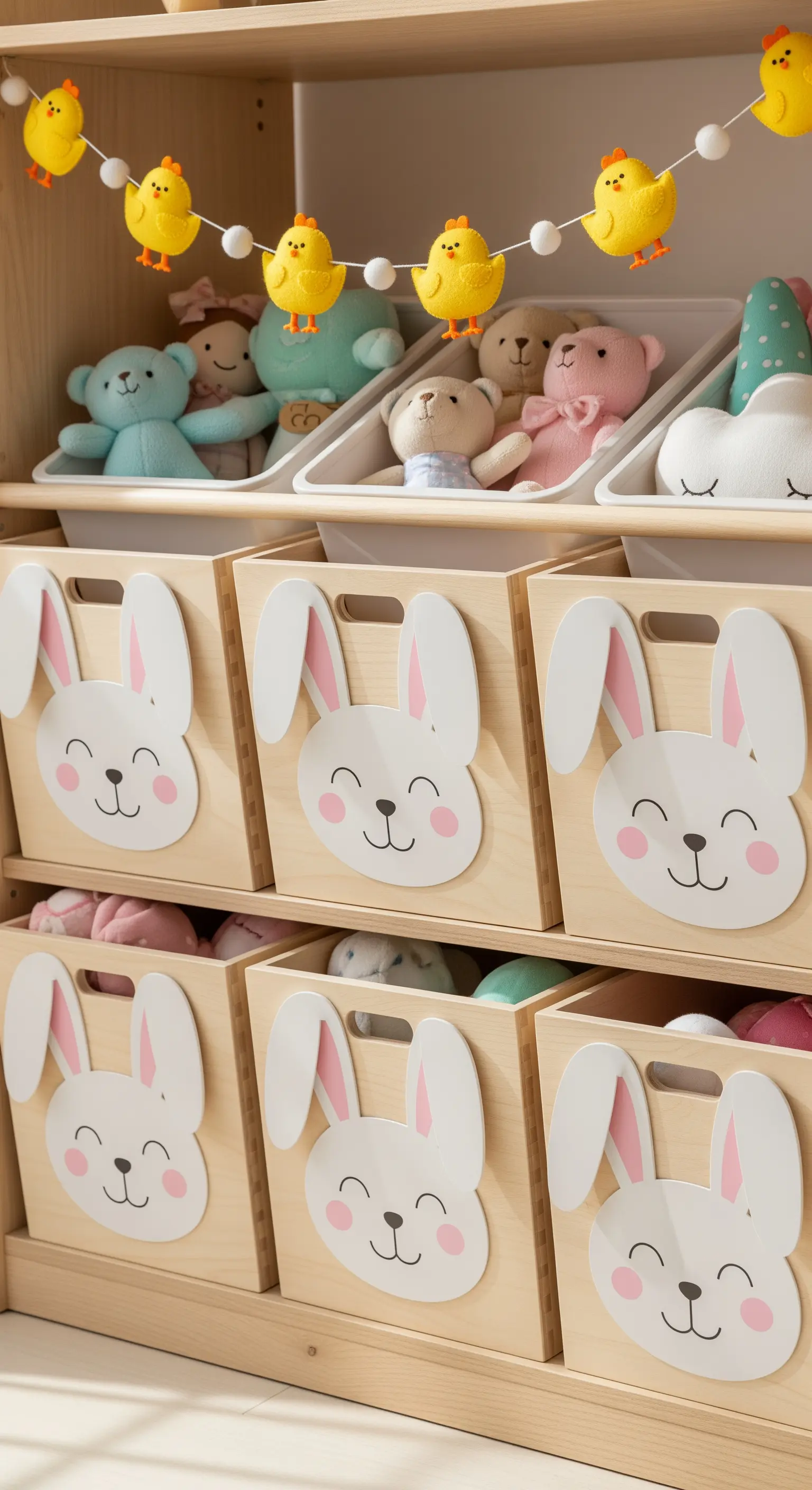 Holzkisten mit Hasen-Gesichtern und Küken-Girlande im Regal.