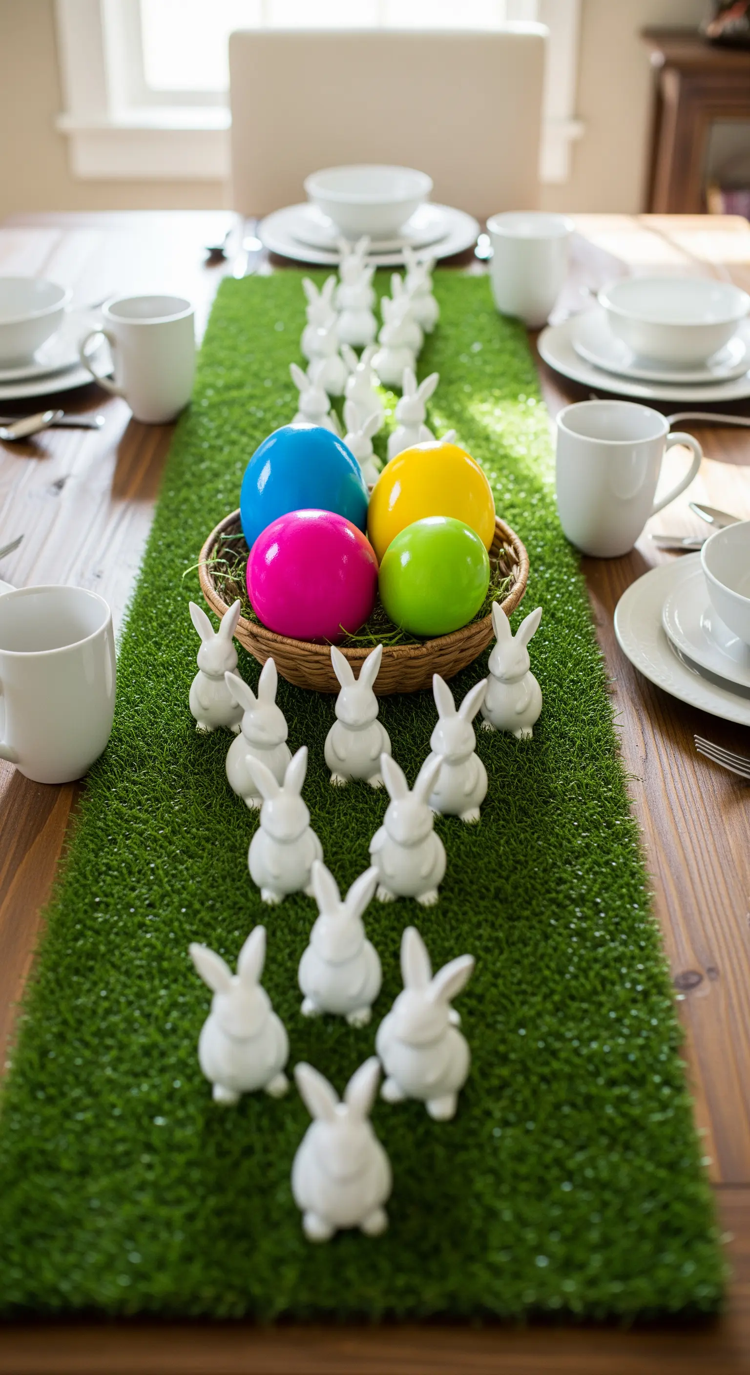Tischläufer aus Kunstgras mit Hasen-Parade und bunten Ostereiern in einem Korb.