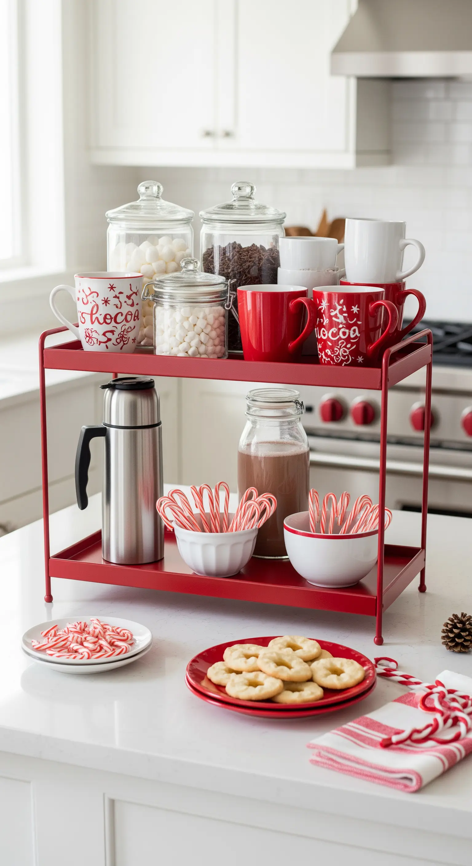 Rote Etagere als Kakao-Bar mit Tassen, Marshmallows und Zuckerstangen