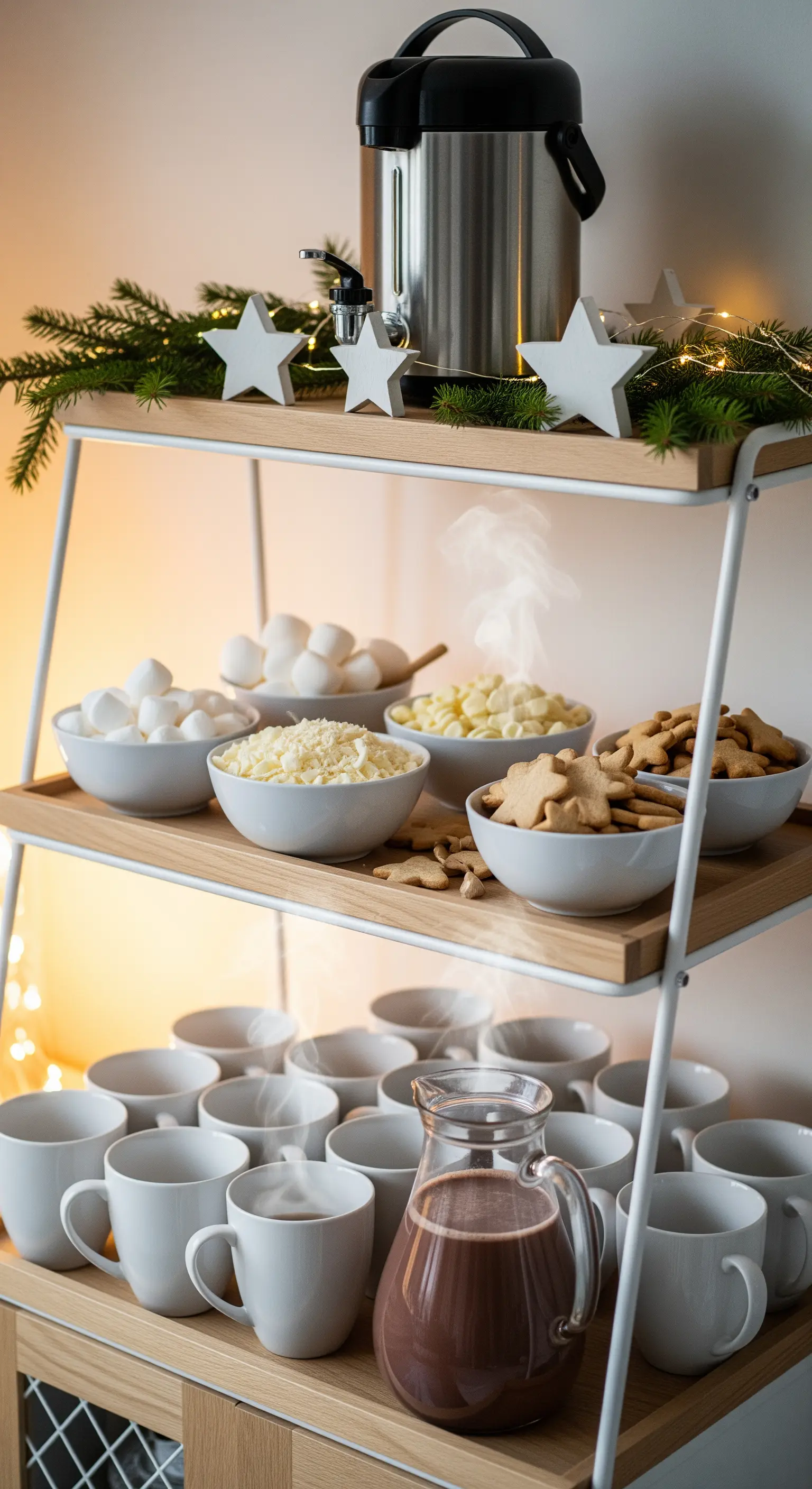 Etagenwagen als Heiße-Schokolade-Bar mit Toppings, Tassen und winterlicher Dekoration.