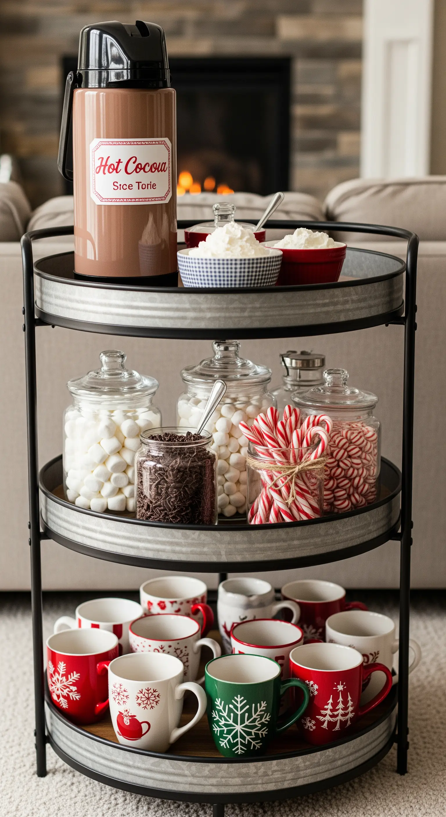 Winterliche Etagere als 'Hot Chocolate Bar' mit Tassen und verschiedenen Toppings.