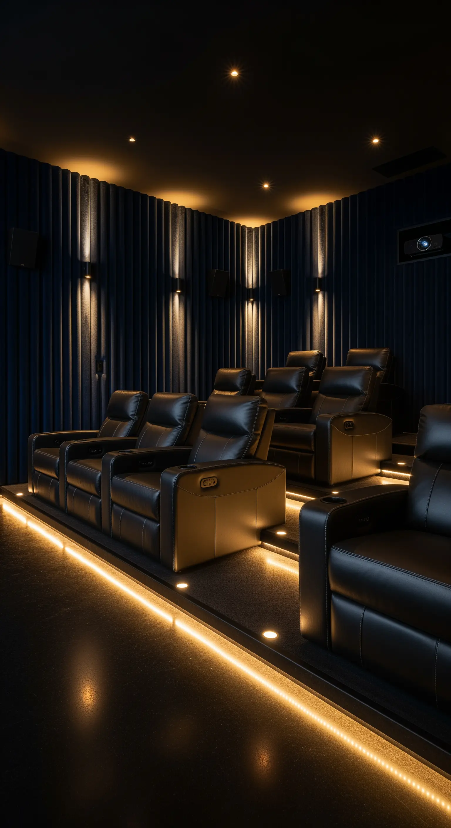 Luxuriöses Heimkino mit schwarzen Ledersesseln und beleuchteten Stufen durch LED-Streifen