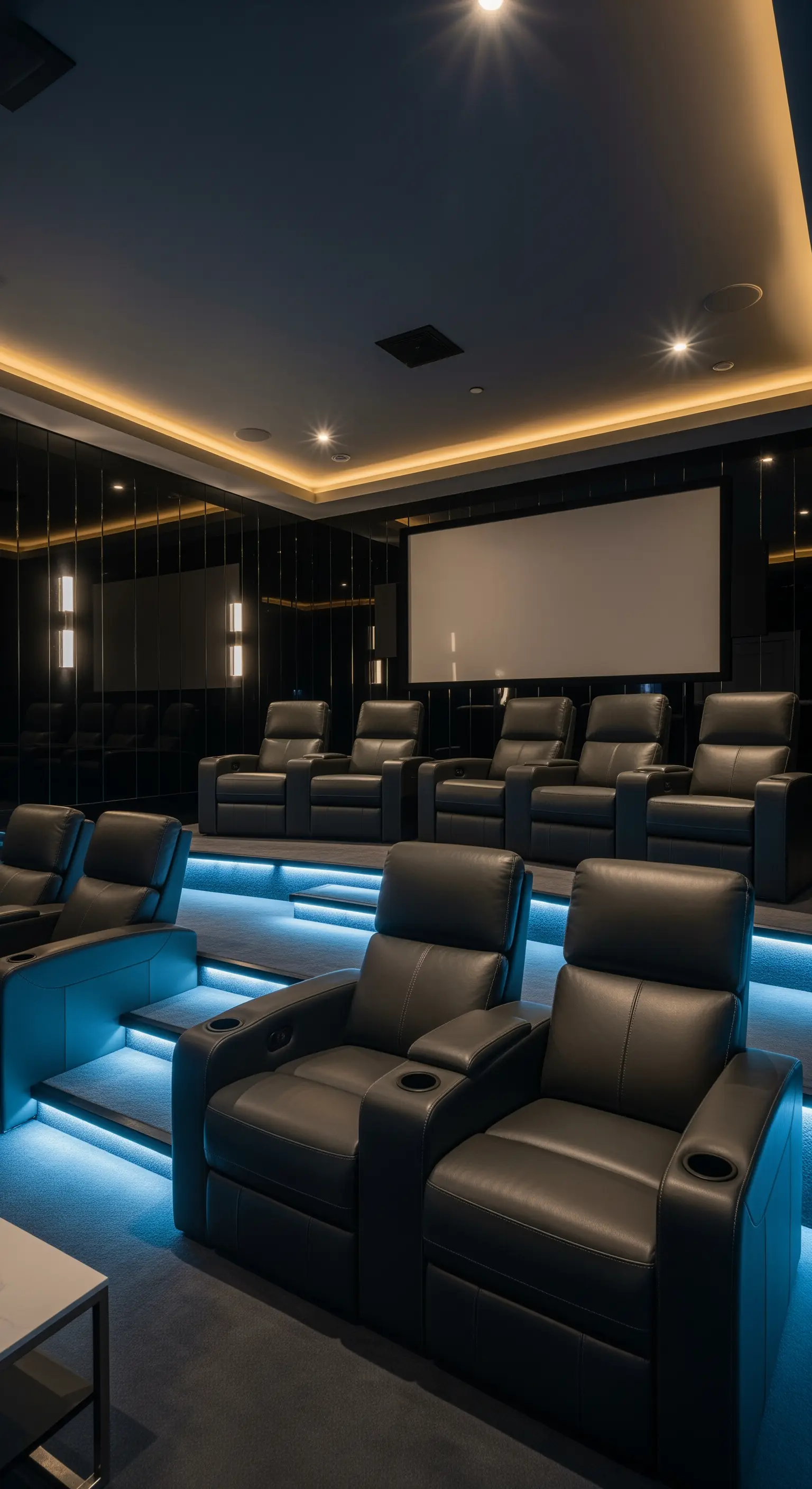Heimkino mit mehrstufigen Ledersitzen und blauer LED-Beleuchtung