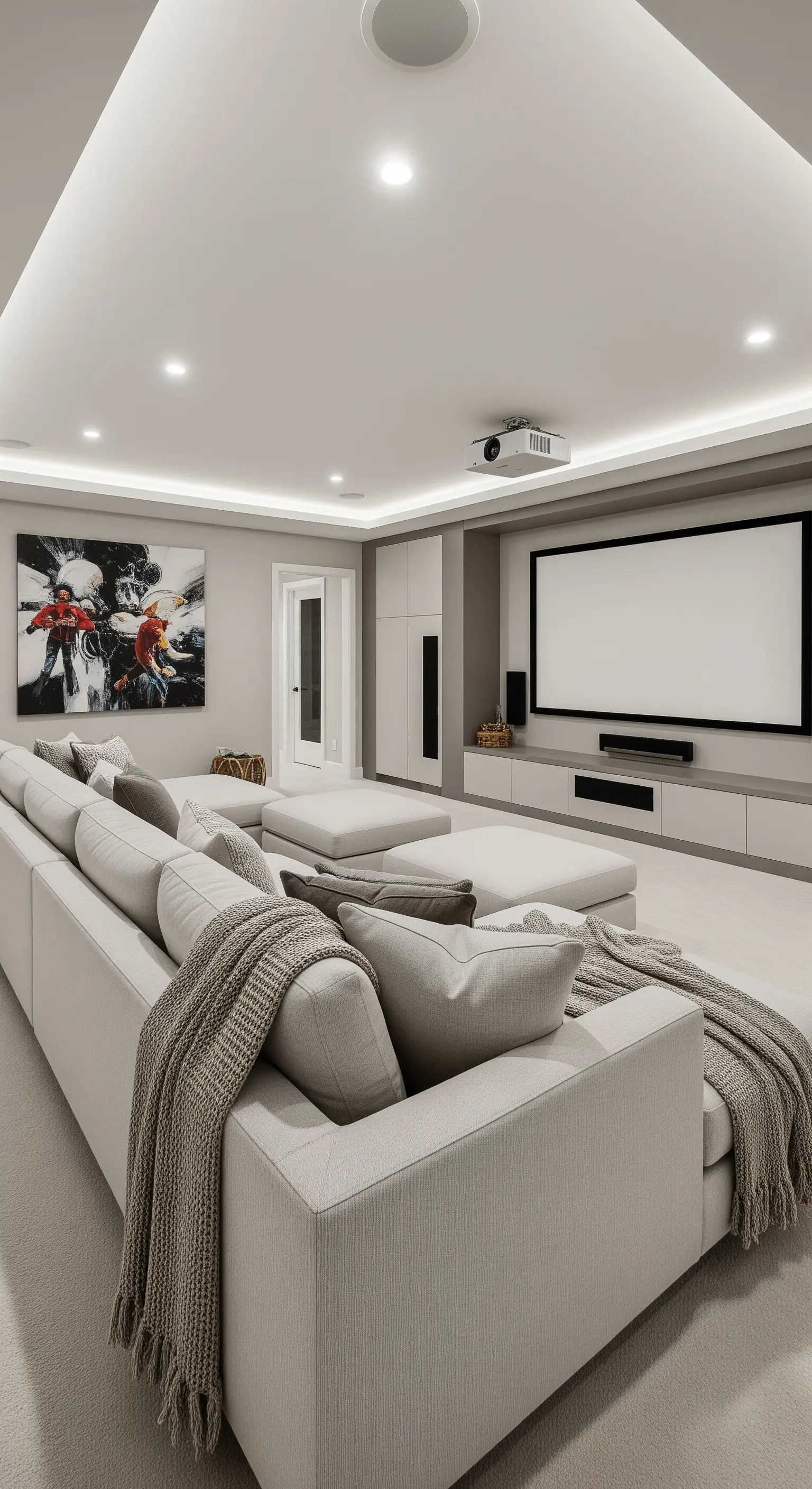 Tiefe, hellgraue Modulsofas in einem modernen Heimkino mit großer Leinwand und Projektor.