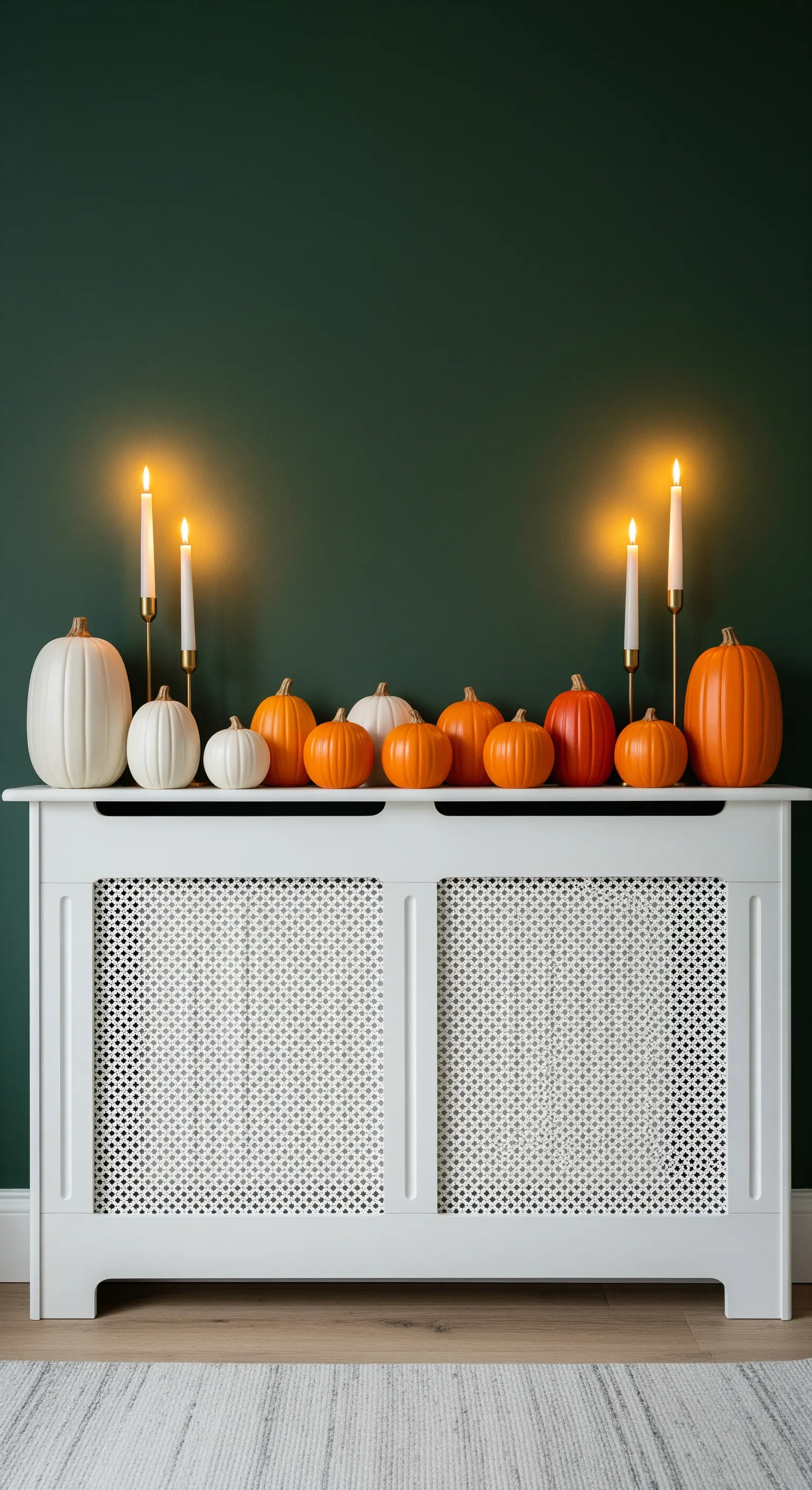 Heizkörperdeko mit Kürbissen und Kerzen vor grüner Wand.