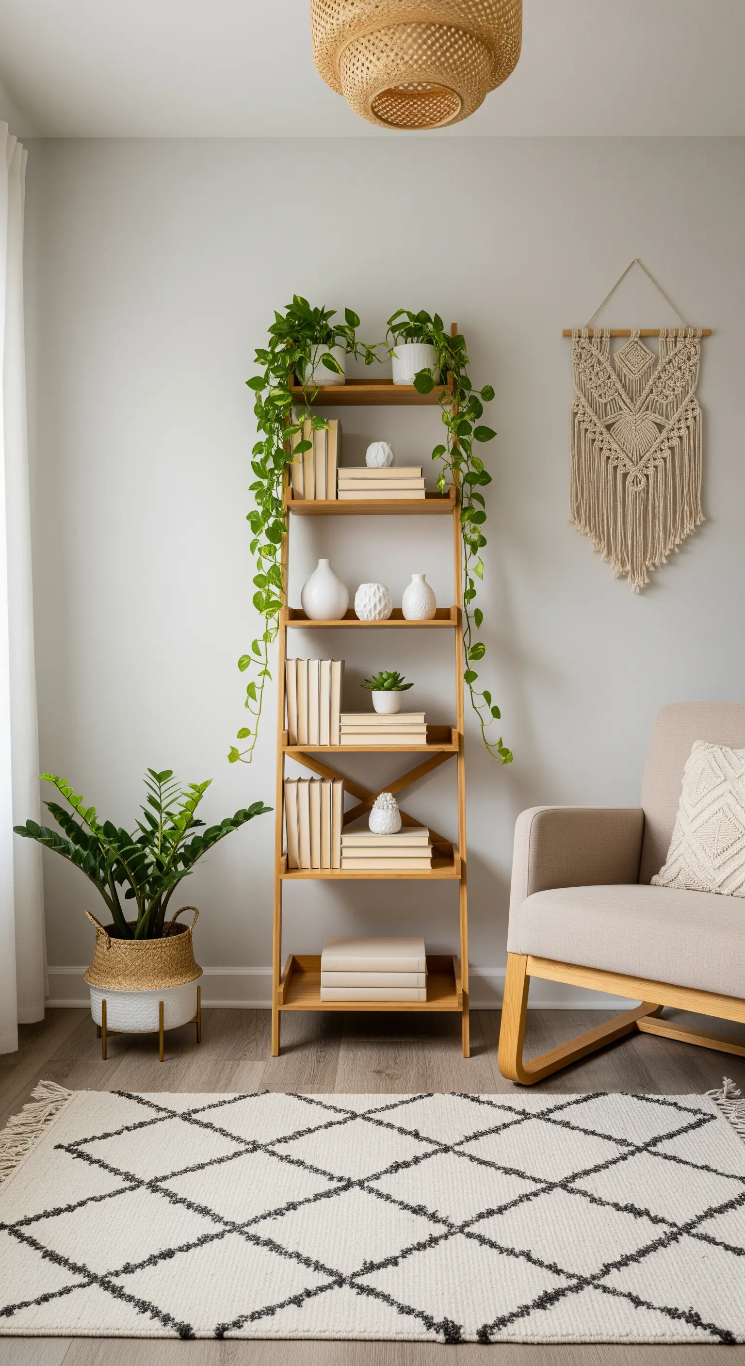 Helles Leiterregal mit zur Wand gedrehten Büchern und weißen Deko-Objekten.