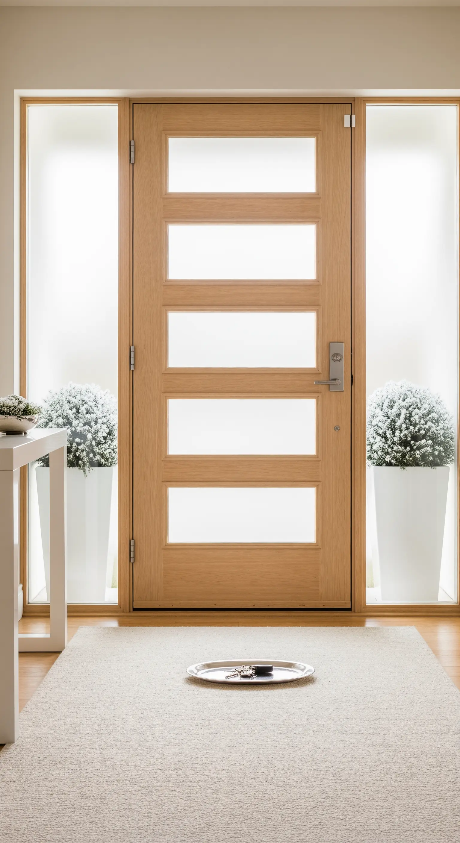 Moderne Holztür mit mattierten Glaspaneelen, weißen Pflanzkübeln.