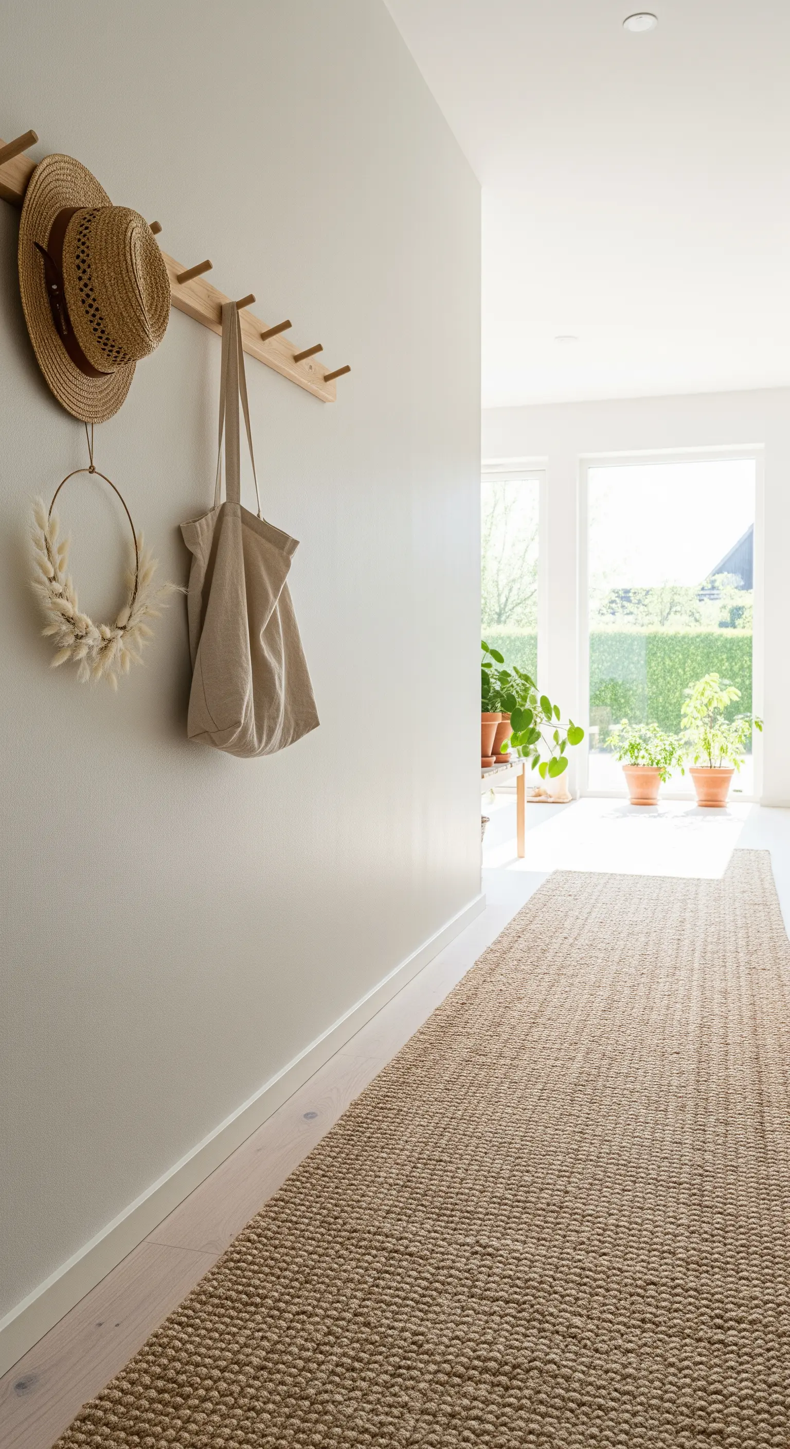 Heller Flur mit Juteteppich, Holzgarderobe, Strohhut und Leinensack