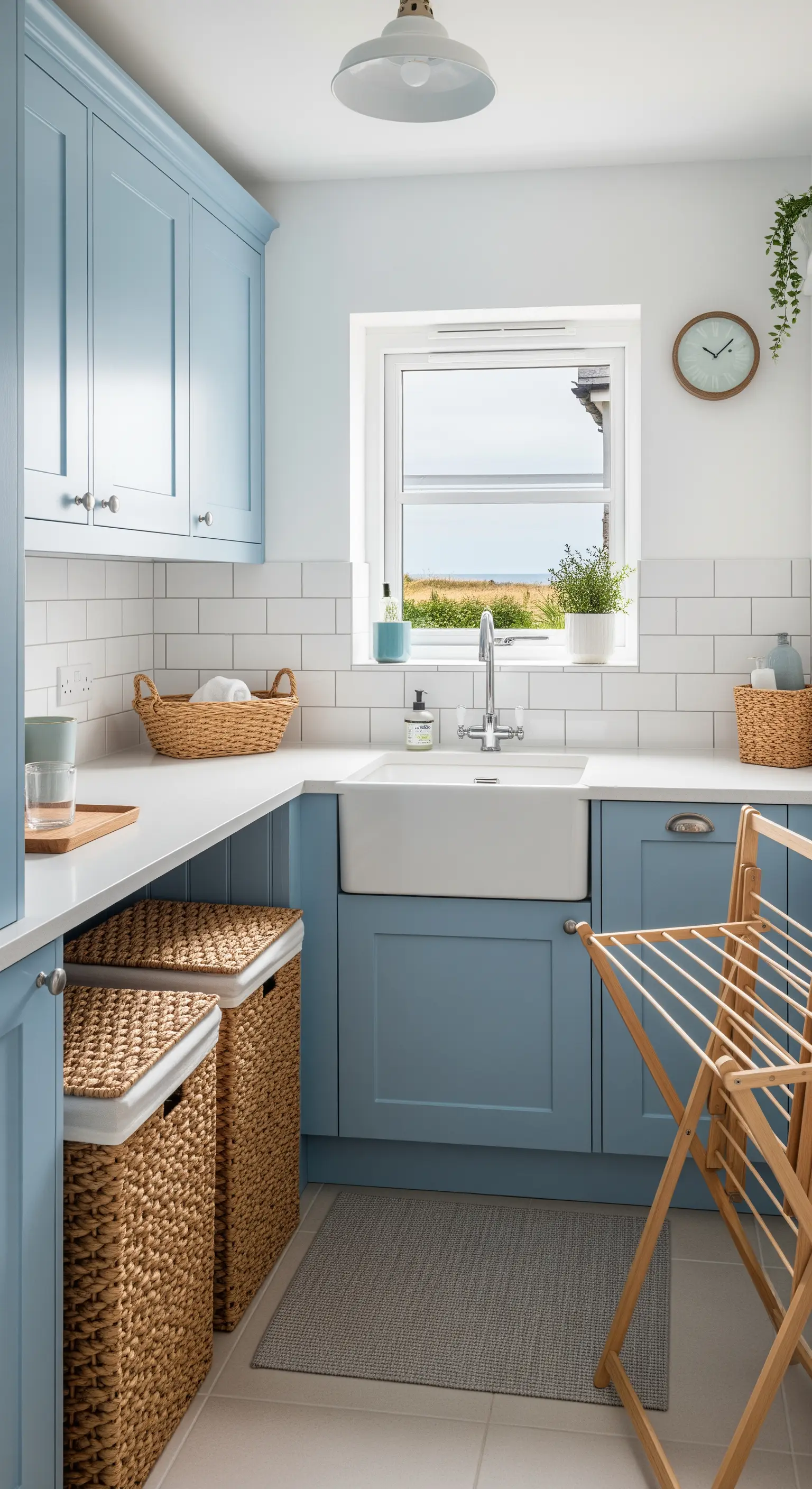 Hauswirtschaftsraum mit hellblauen Schränken, geflochtenen Wäschekörben und weißem Waschbecken