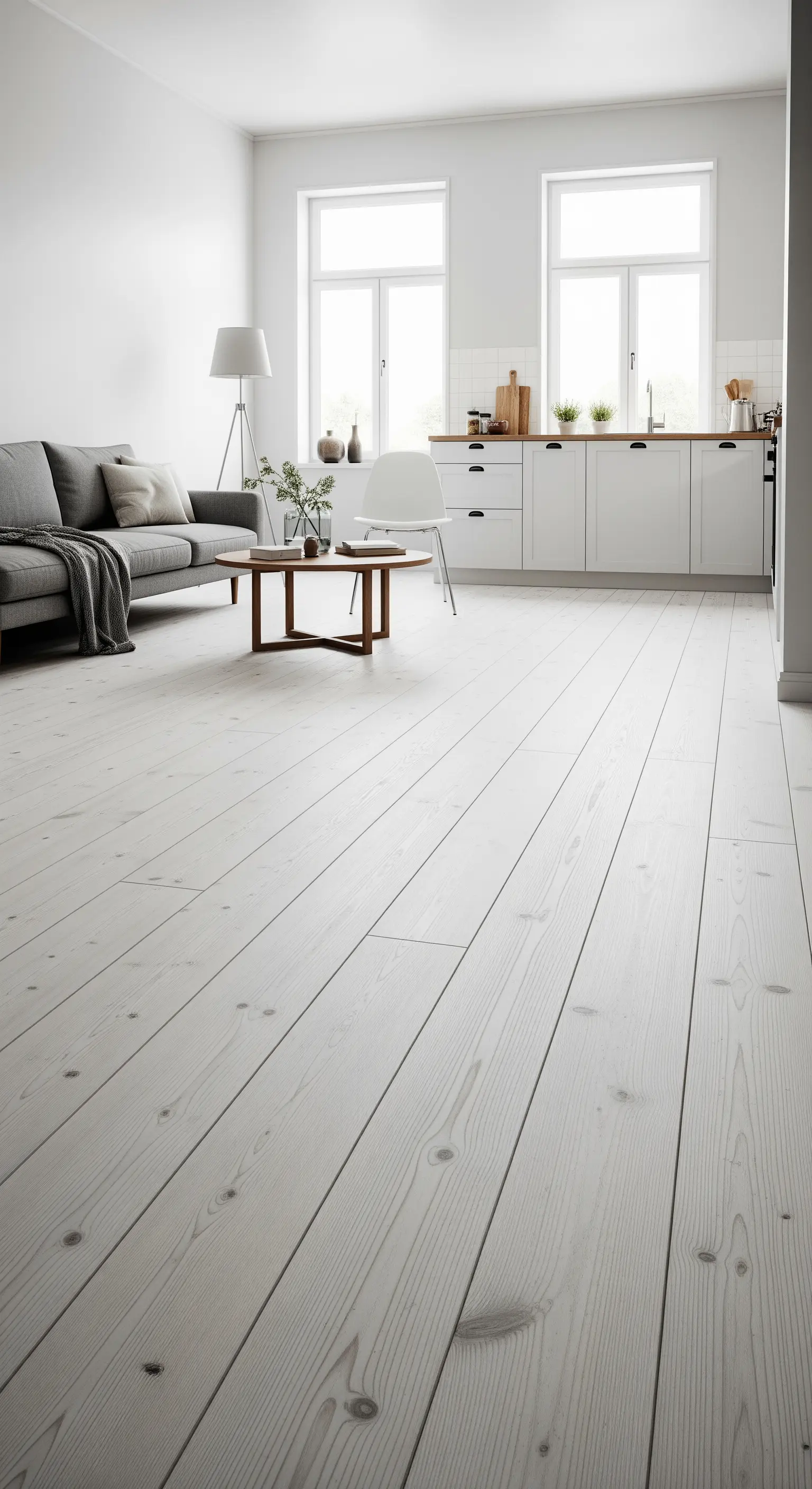 Helles, skandinavisches Wohnzimmer mit weiß gekälkten Holzdielen und grauer Couch