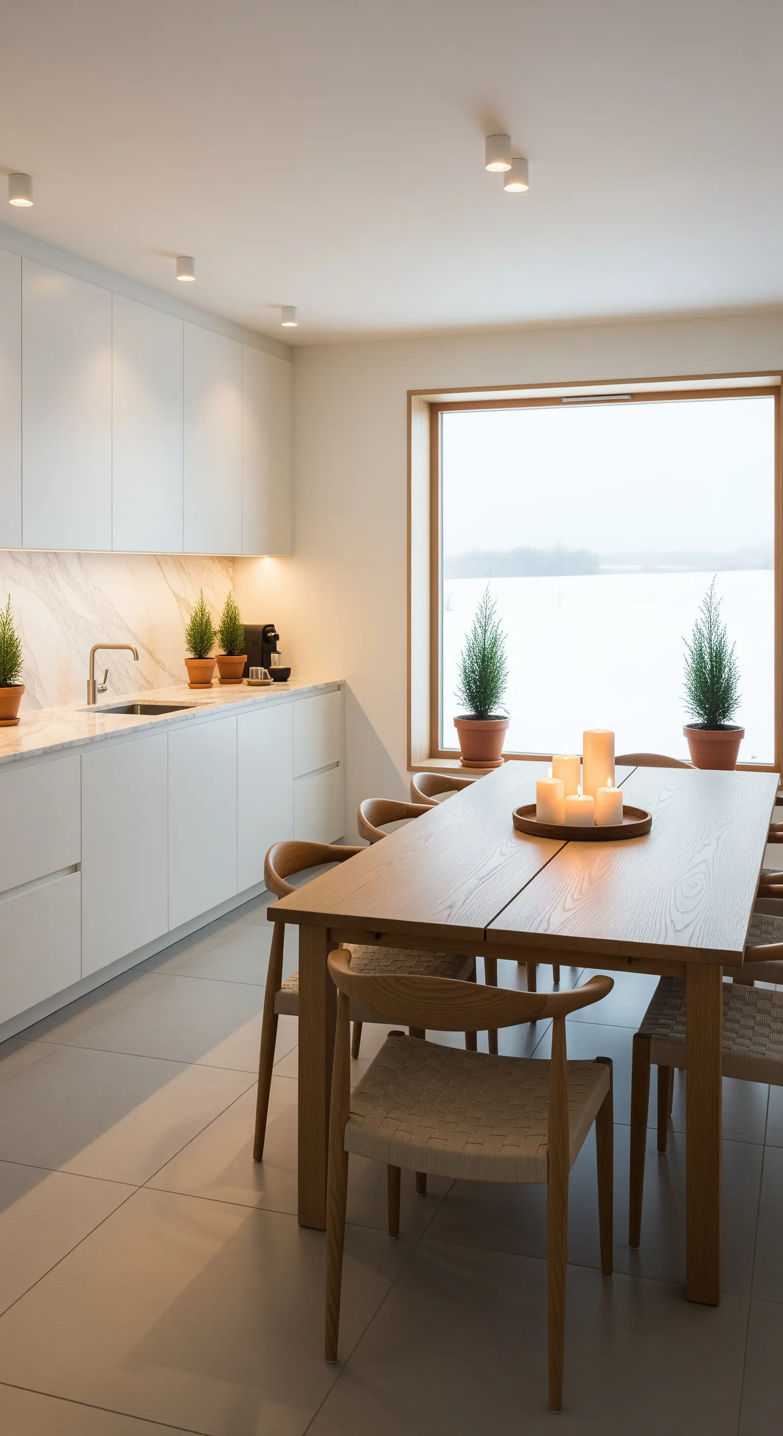 Küche mit Esstisch, Topfpflanzen auf Fensterbank und Kerzentablett
