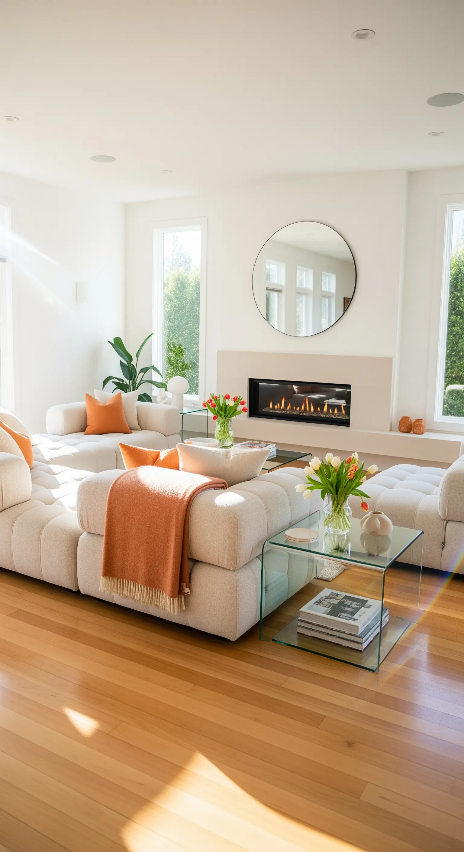 Helle Sofalandschaft mit Terrakotta-Kissen, Glas-Couchtischen, Tulpen, rundem Spiegel