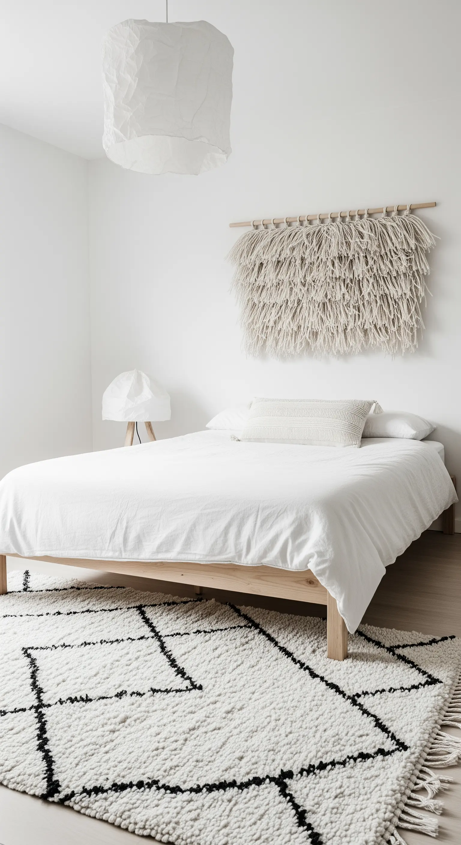 Minimalistisches, helles Schlafzimmer mit einem großen Berberteppich und einem texturierten Wandbehang aus Wolle.