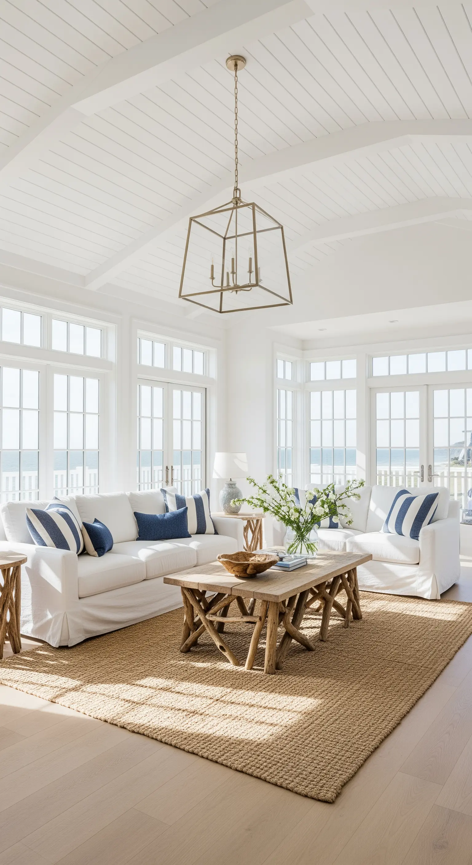 Weißes Wohnzimmer, Jute Teppich, blaue Kissen, Treibholztisch – Beach House Stil