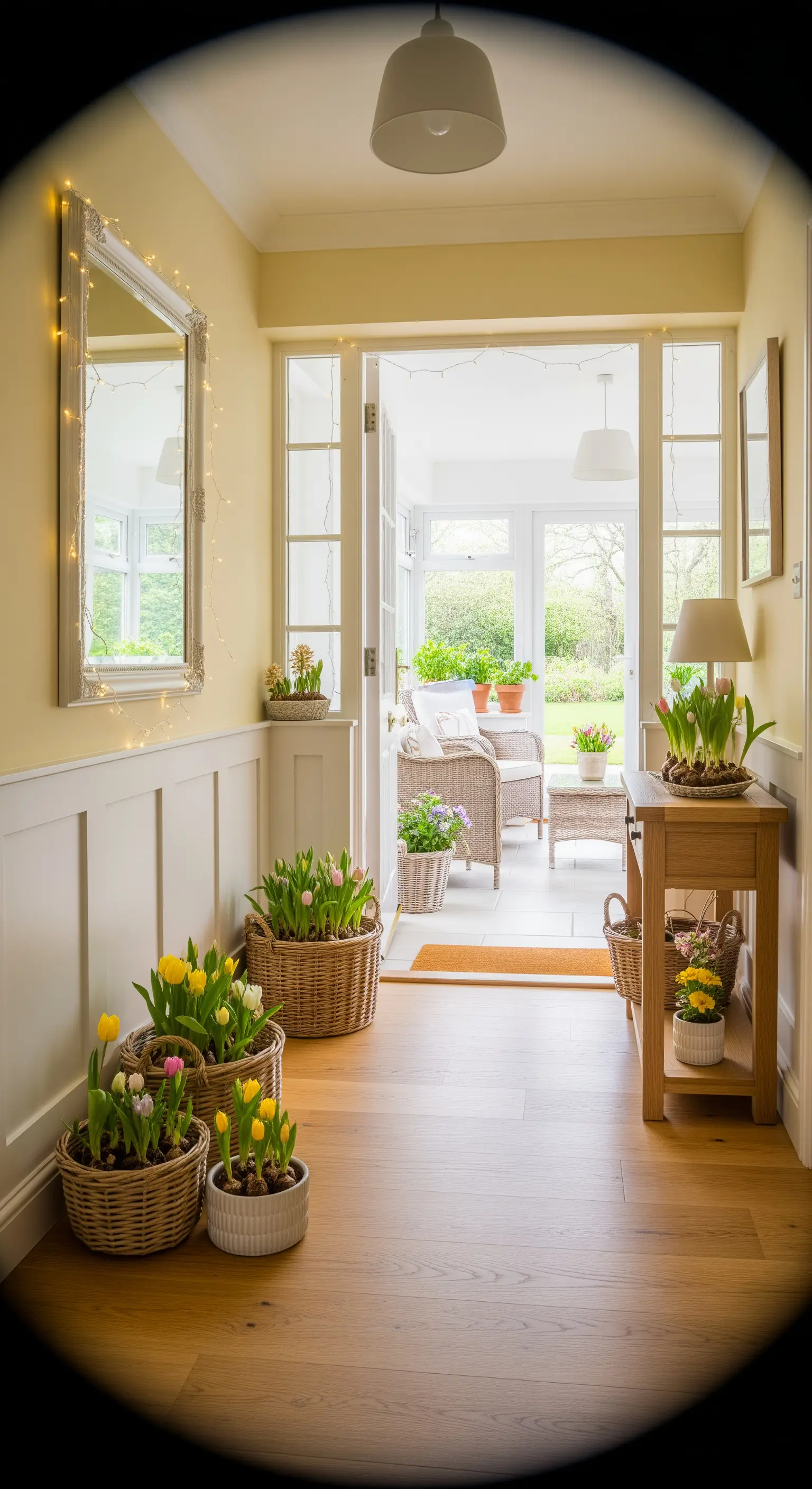 Flur, Tulpenkörbe, Spiegel, Lichterkette, Frühling, hell, einladend