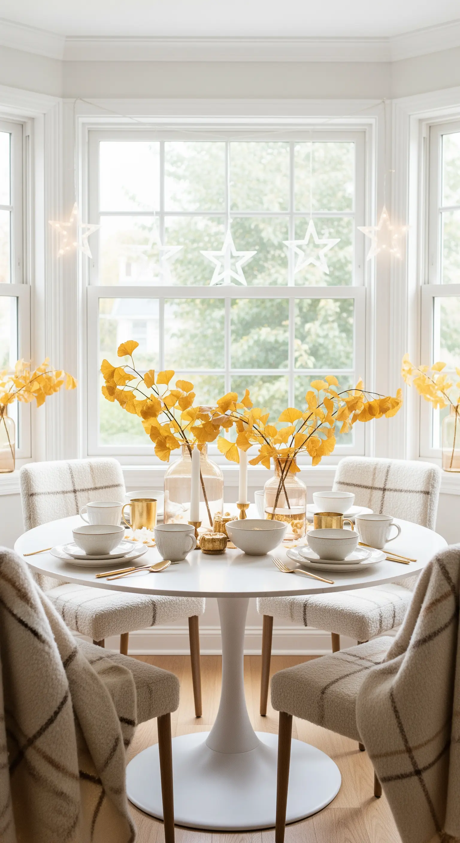 Helle Herbsttafel, gelbe Ginkgo-Blätter, goldene Akzente, weiße Keramik, karierte Decken.
