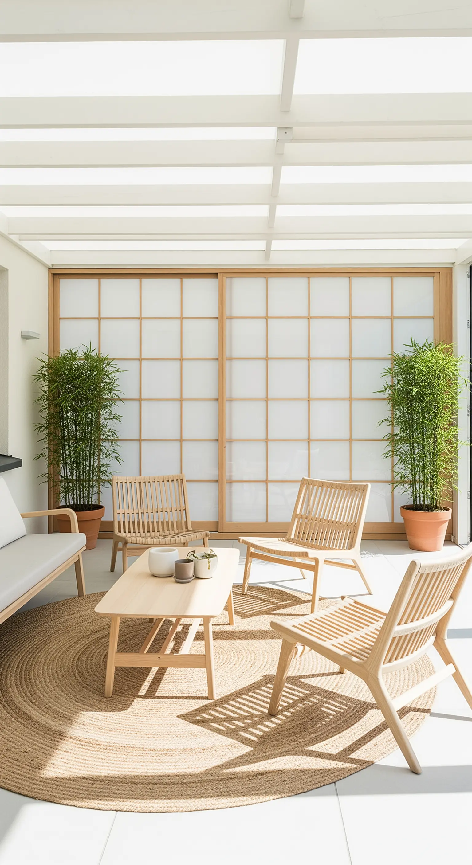 Wintergarten Japandi mit Shoji-Türen und Rattan-Teppich