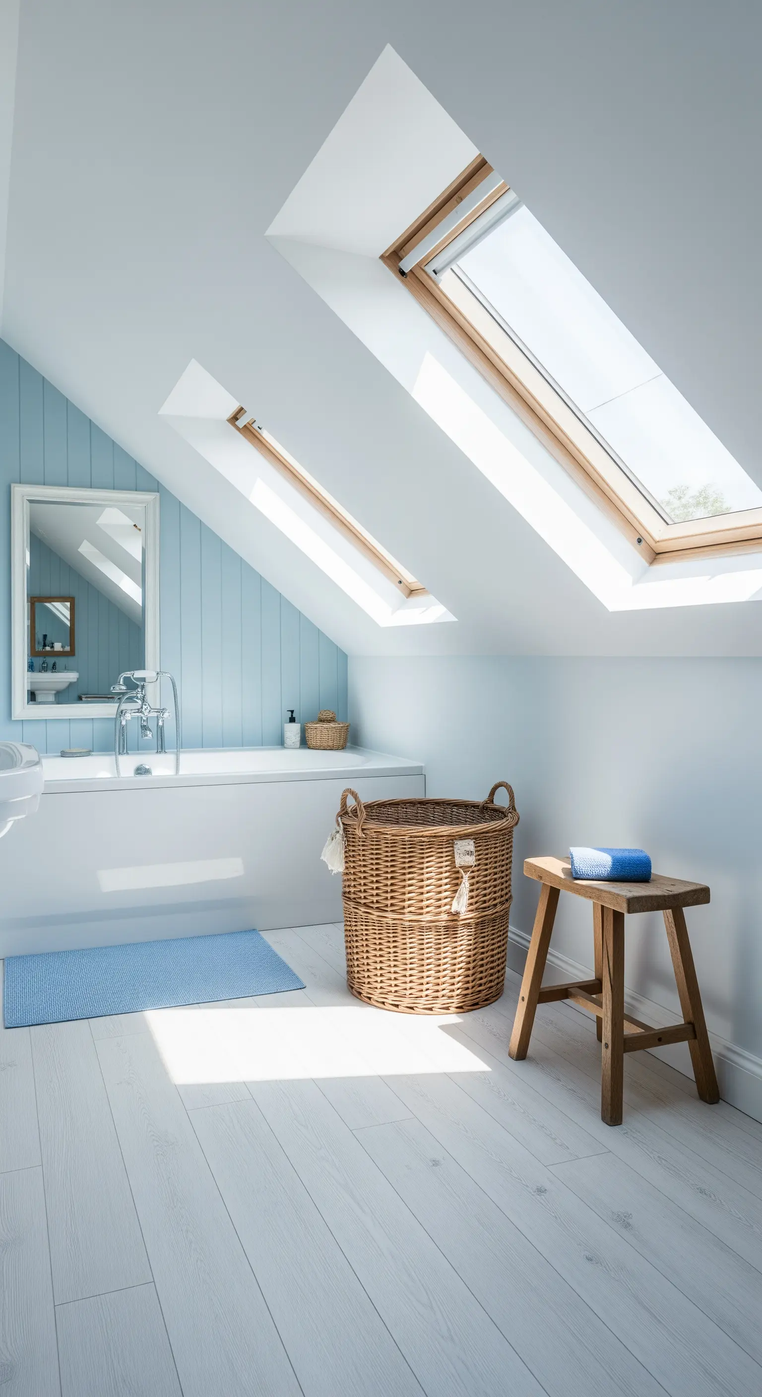 Dachgeschoss-Badezimmer mit hellblauen Wänden, Dachfenstern, Weidenkorb und Holzschemel.