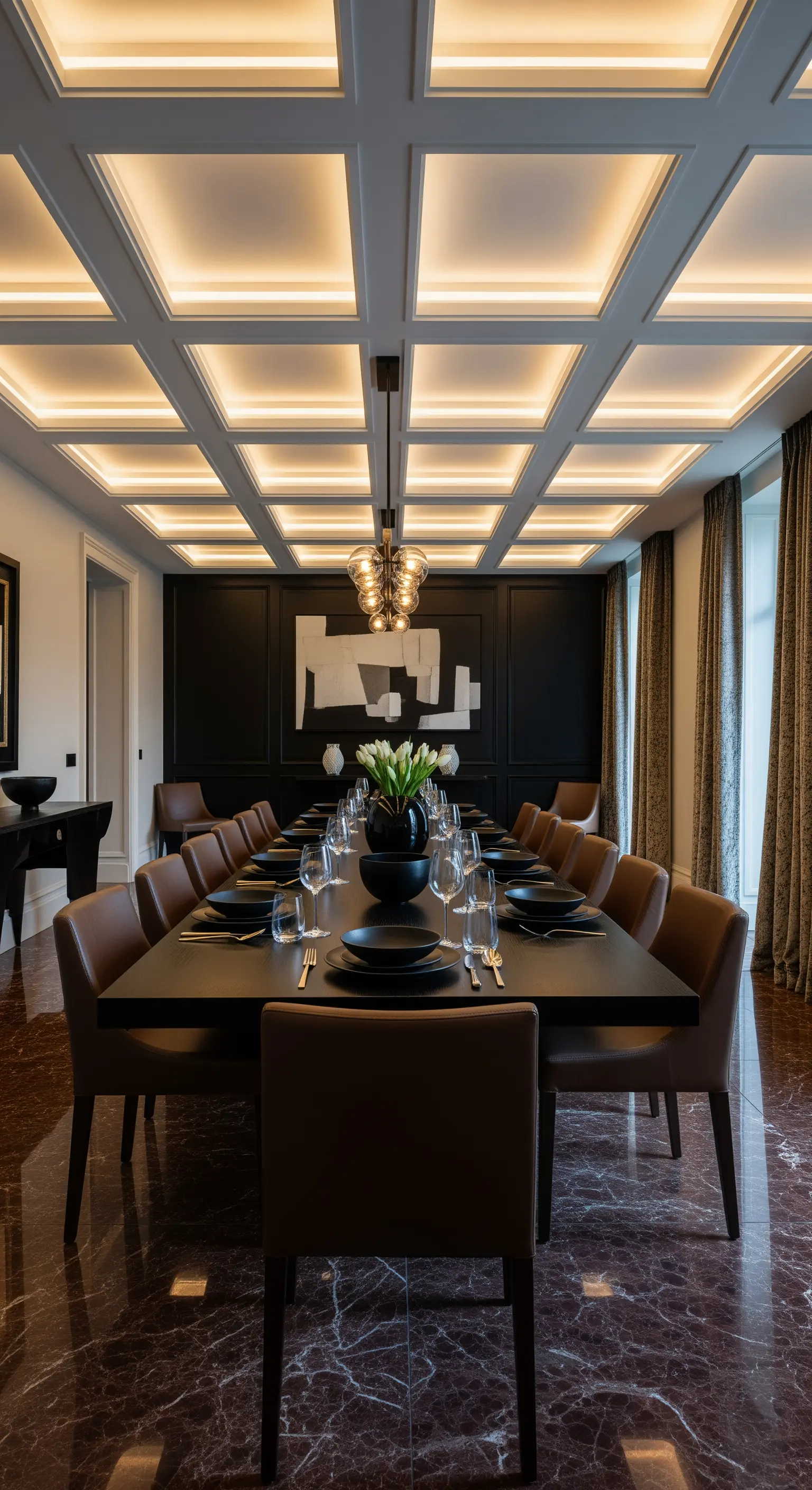 Helles Esszimmer mit weißer Kassettendecke, indirekter Beleuchtung und dunkler Akzentwand