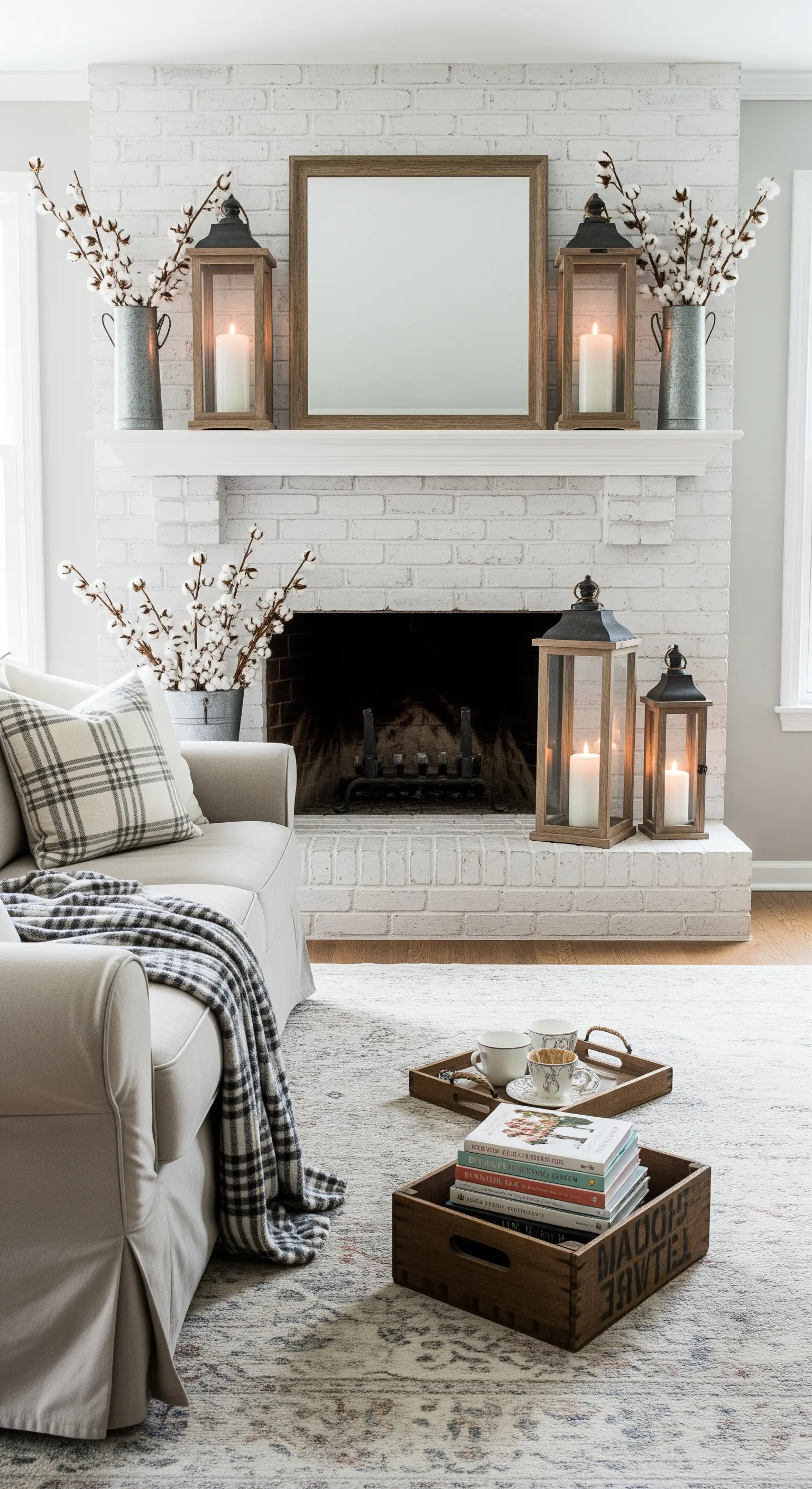 Weißer Backsteinkamin mit Spiegel, Laternen und Baumwollzweigen, heller Farmhouse-Stil.