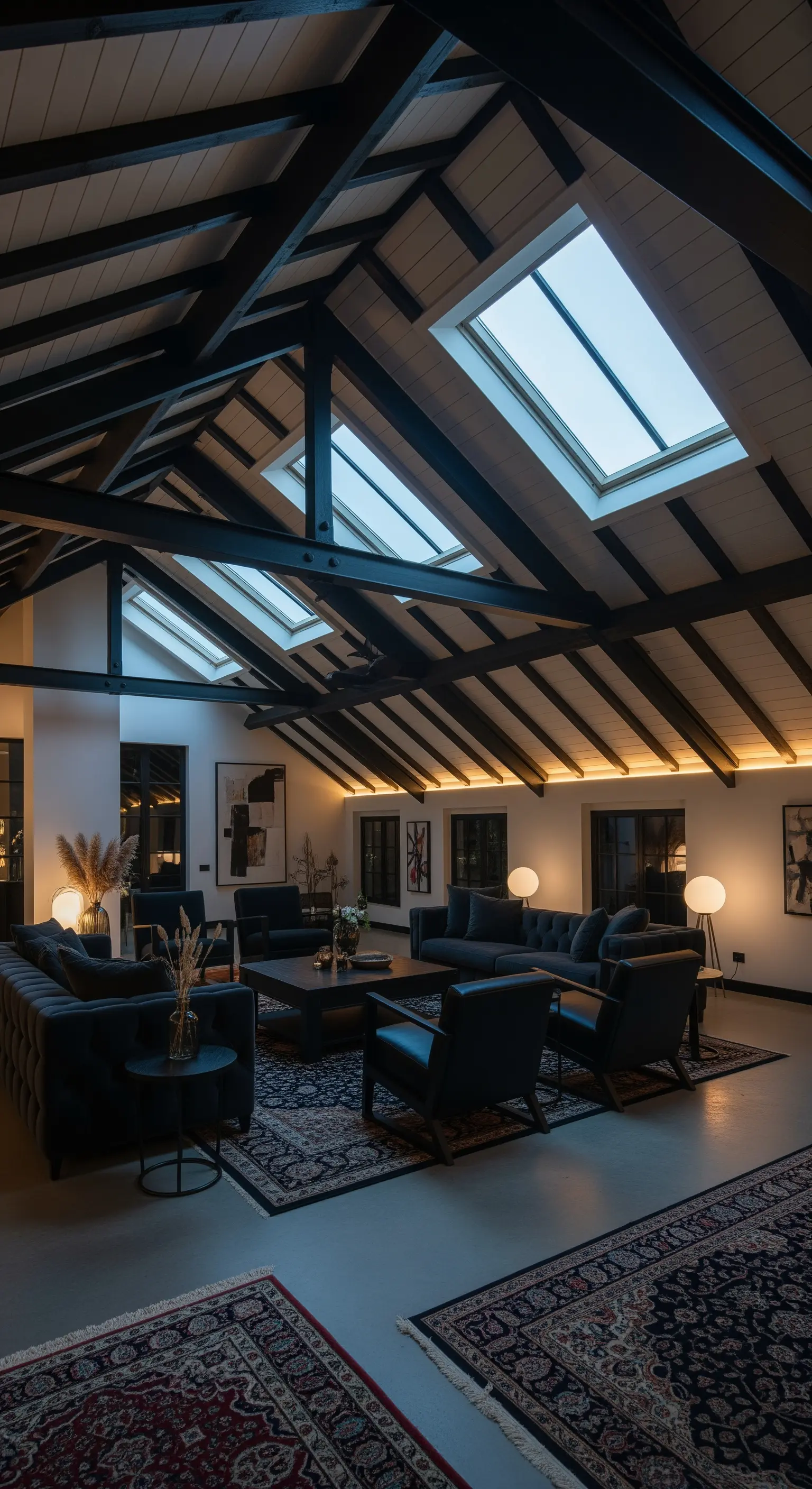 Loft mit dunklen Dachbalken, hellen Wänden, mehreren Teppichen und dunklen Sofas