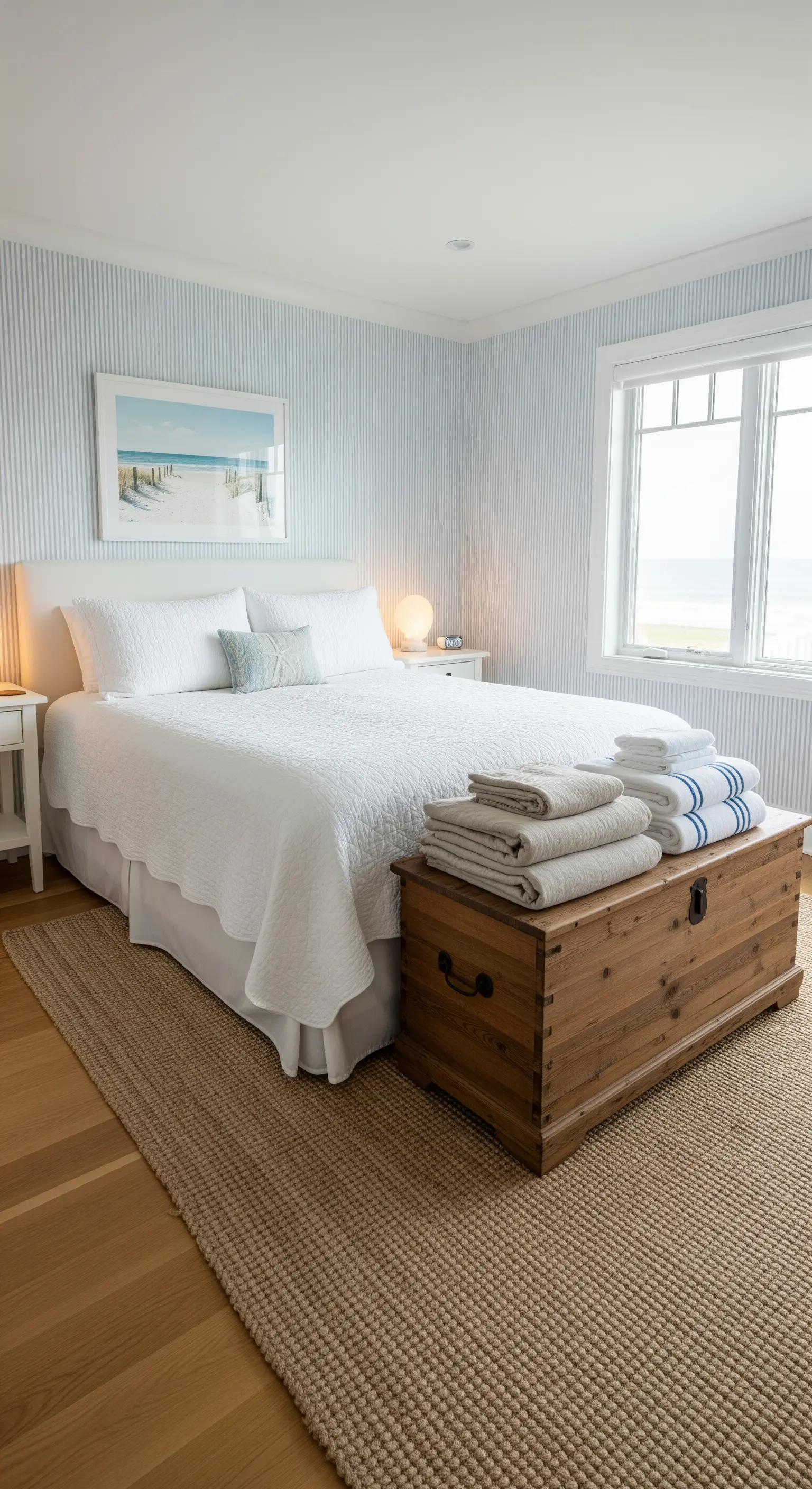 Schlafzimmer mit gestreifter Tapete, weißem Bett, Holztruhe und Juteteppich