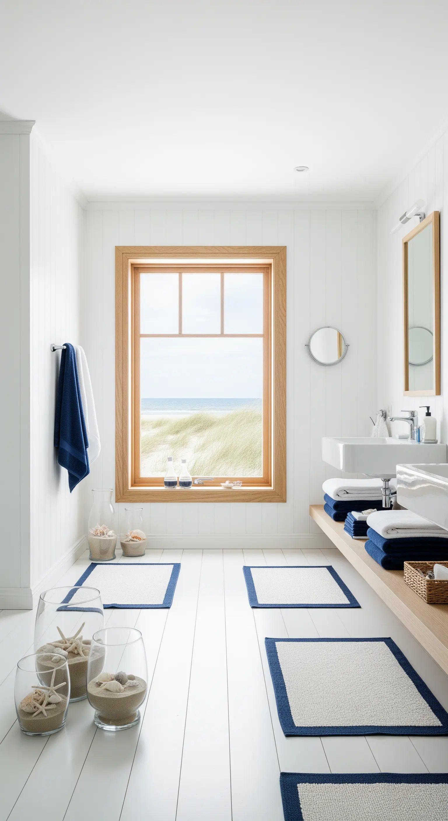 Weißes Strandhaus-Badezimmer mit Dünenblick, Glasgefäßen voller Muscheln und blauen Matten.