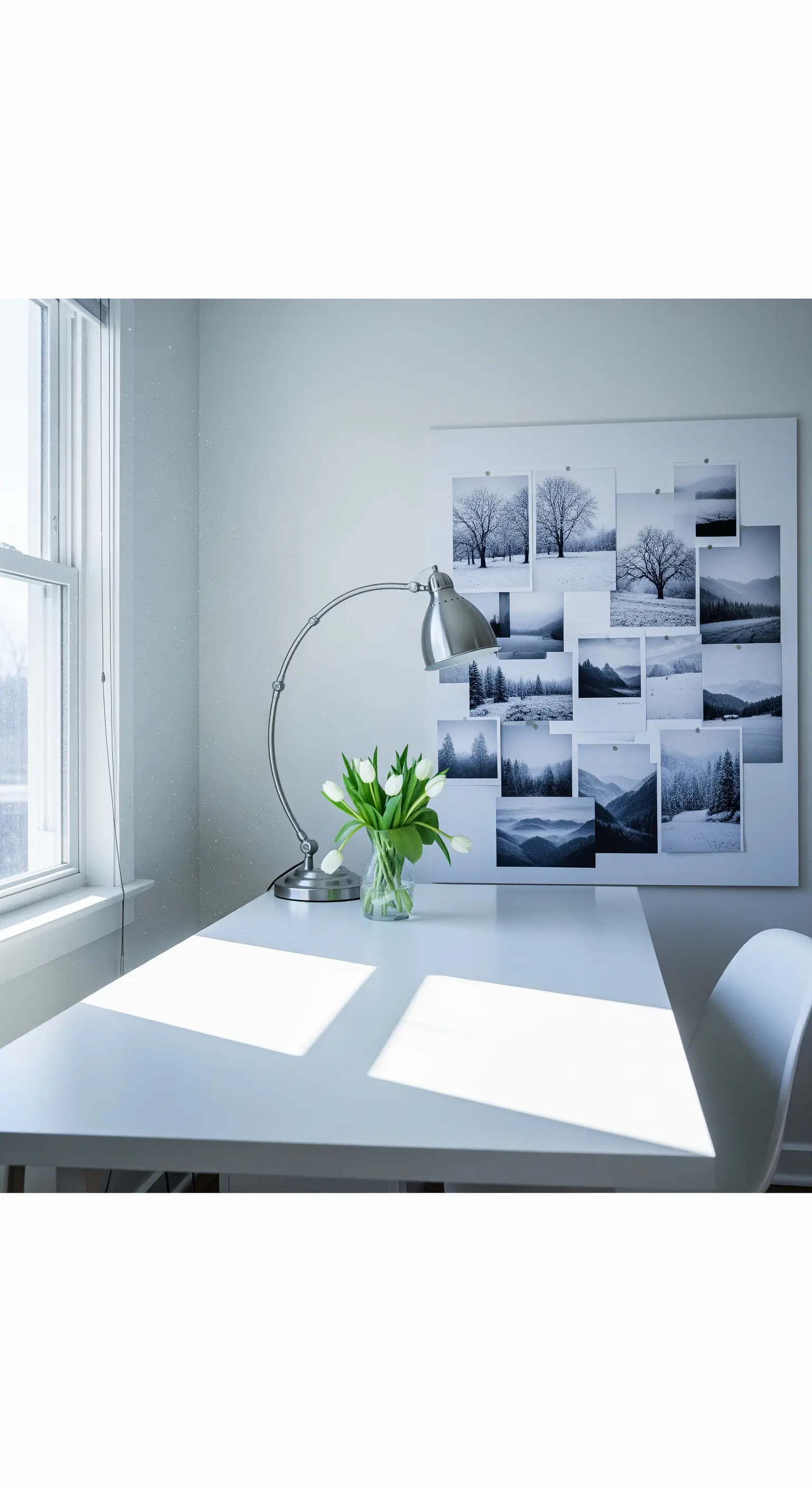 Homeoffice mit Fotowand von Schneelandschaften, weißen Tulpen und Metalllampe.