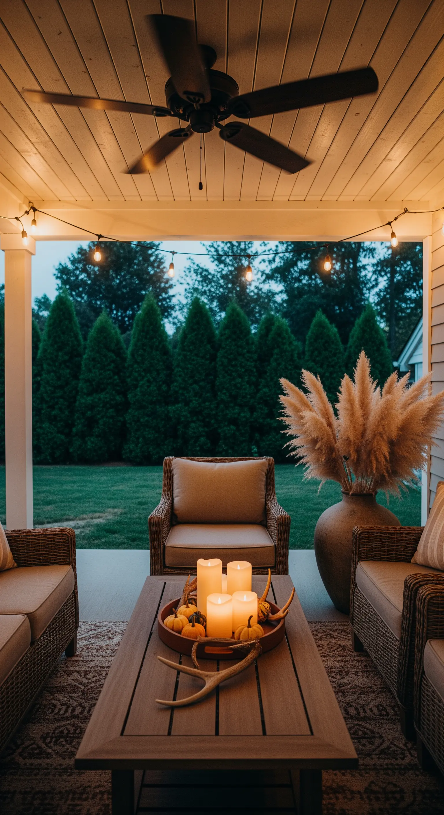 Gemütliche Terrasse mit Lichterkette, Kerzen auf dem Tisch und Pampasgras.