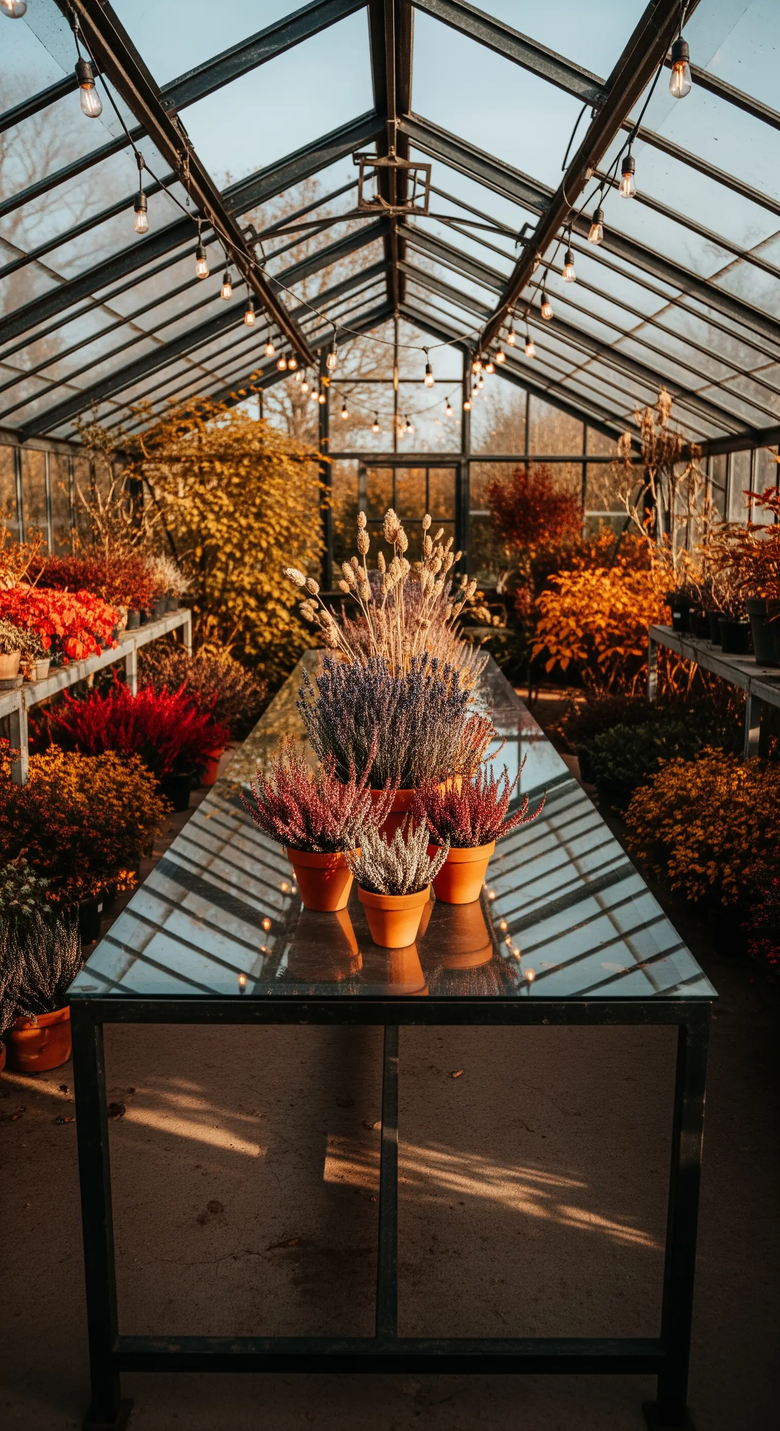 Heidekraut, Getreideähren in Terrakotta-Töpfen auf Tisch in Gewächshaus für herbstliche Gärtner-Deko.