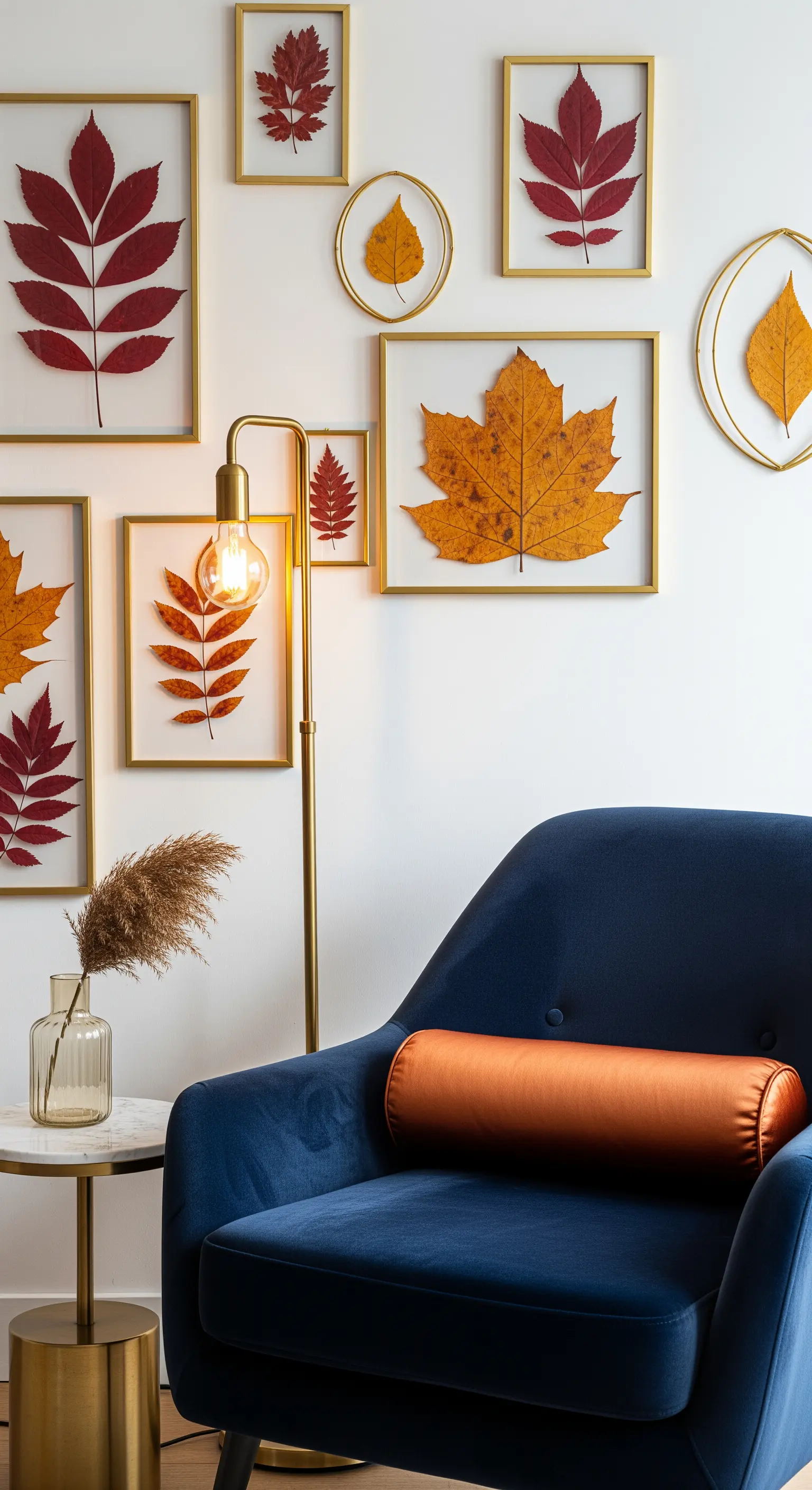 Gerahmte Herbstblätter an der Wand, blauer Sessel und goldene Lampe.