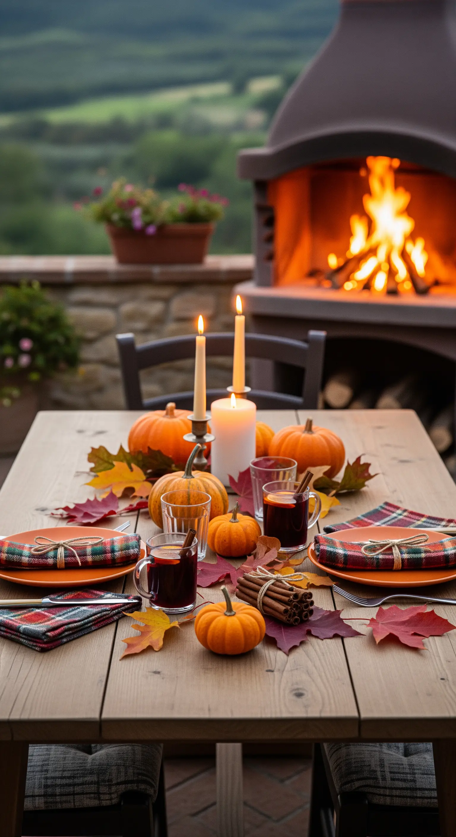Herbstliche Tischdeko mit Kürbissen, Blättern und Kerzen vor einem Außenkamin.