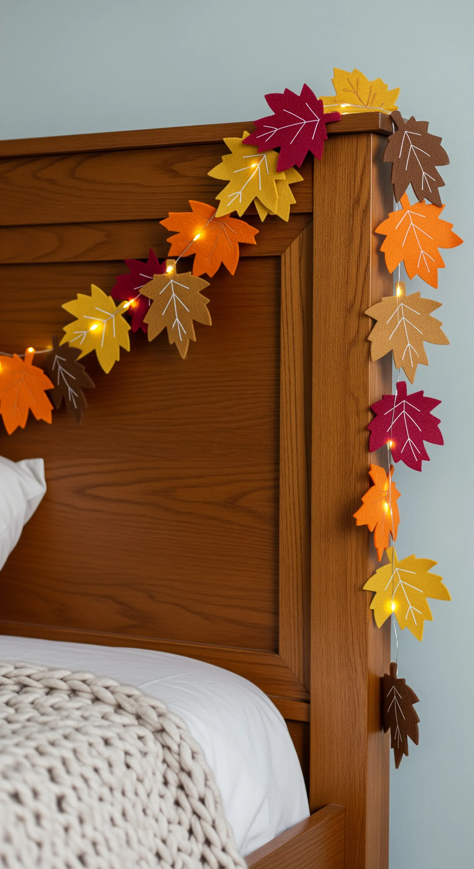 Eine Lichterkette mit bunten Herbstblättern aus Filz, die um das hölzerne Kopfteil eines Bettes gewickelt ist.