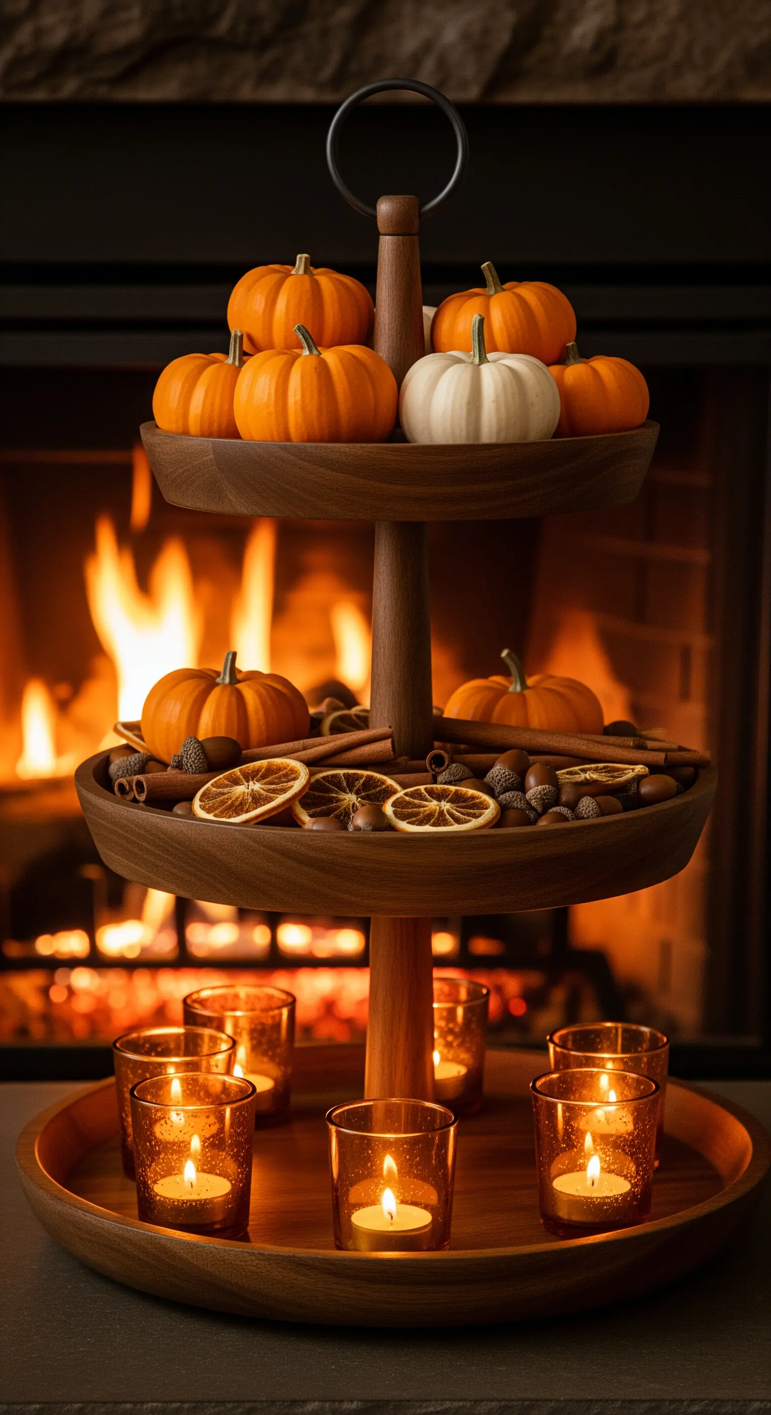 Dunkle Holz-Etagere vor einem Kamin mit Kürbissen, Gewürzen und Teelichtern