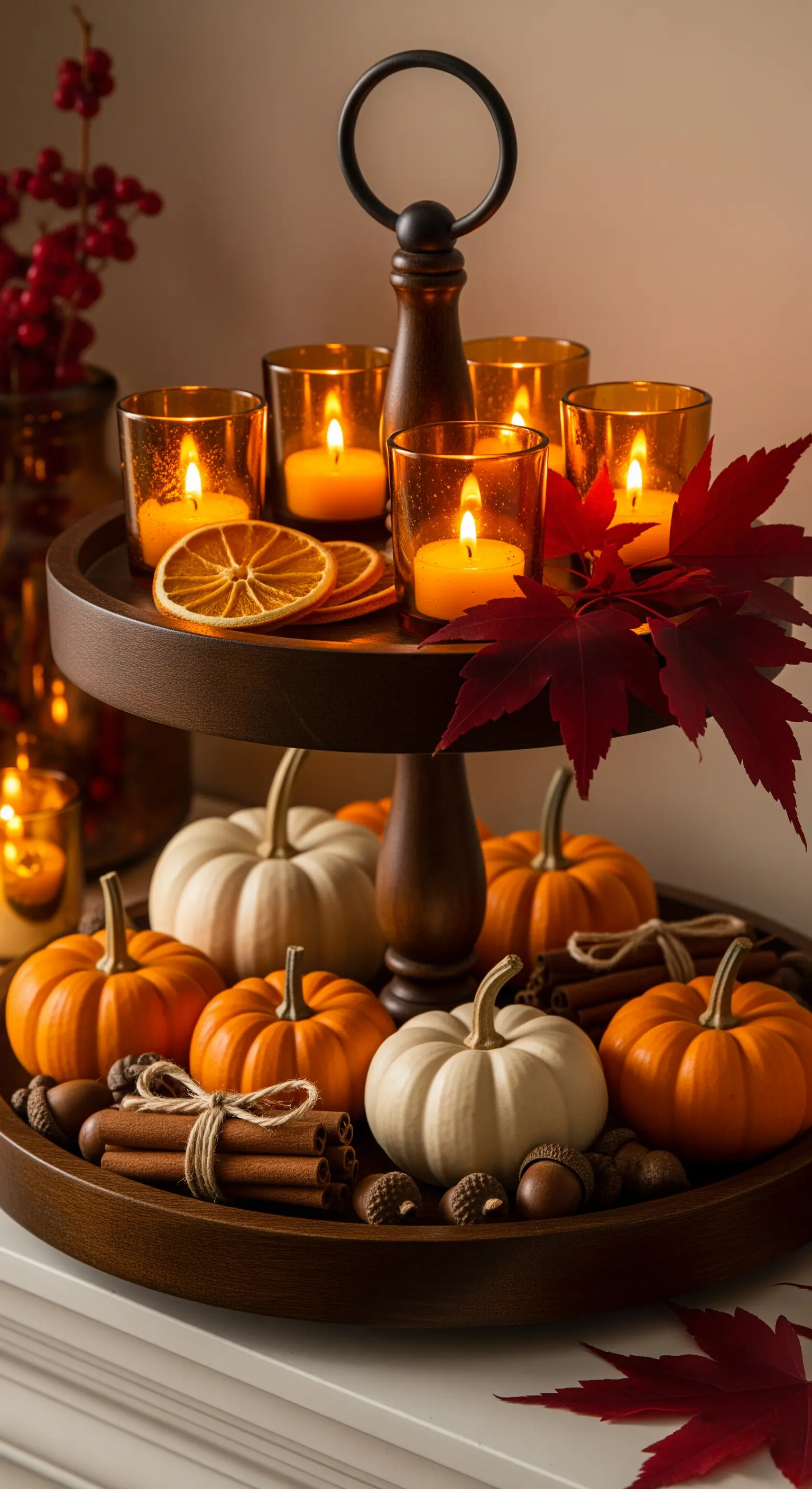 Herbstliche Holz-Etagere mit Kerzen, kleinen Kürbissen und Zimtstangen.