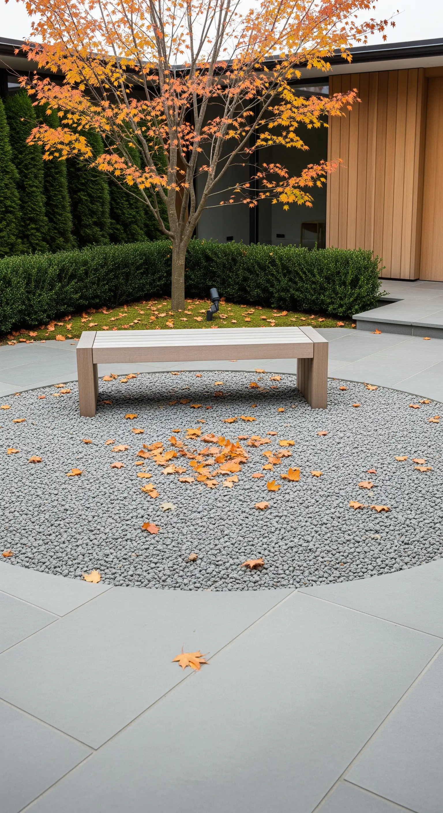 Herbstlicher Hof mit Ahornbaum, gefallenen Blättern und Kieskreis