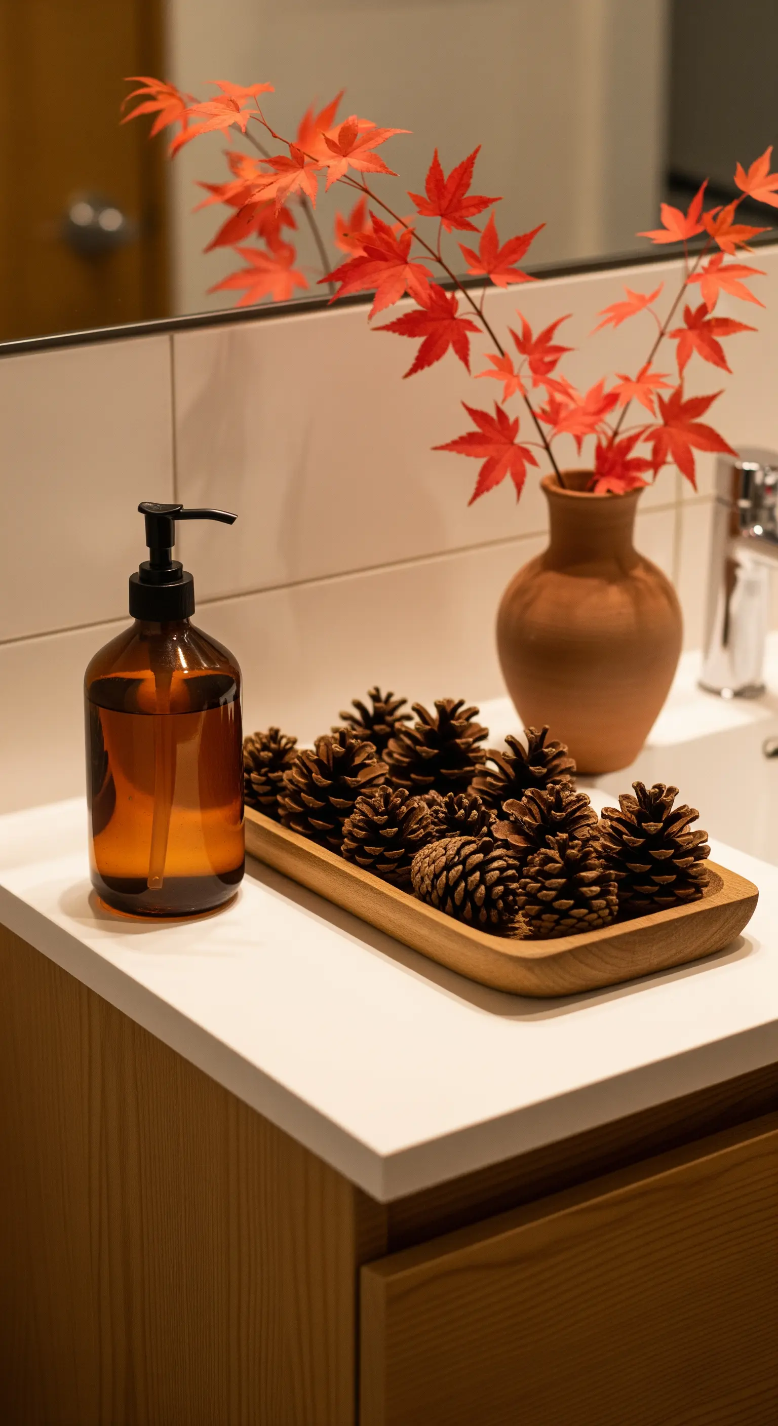 Badezimmer mit roten Ahornzweigen, Kiefernzapfen in Holzschale, Amber-Seifenspender.