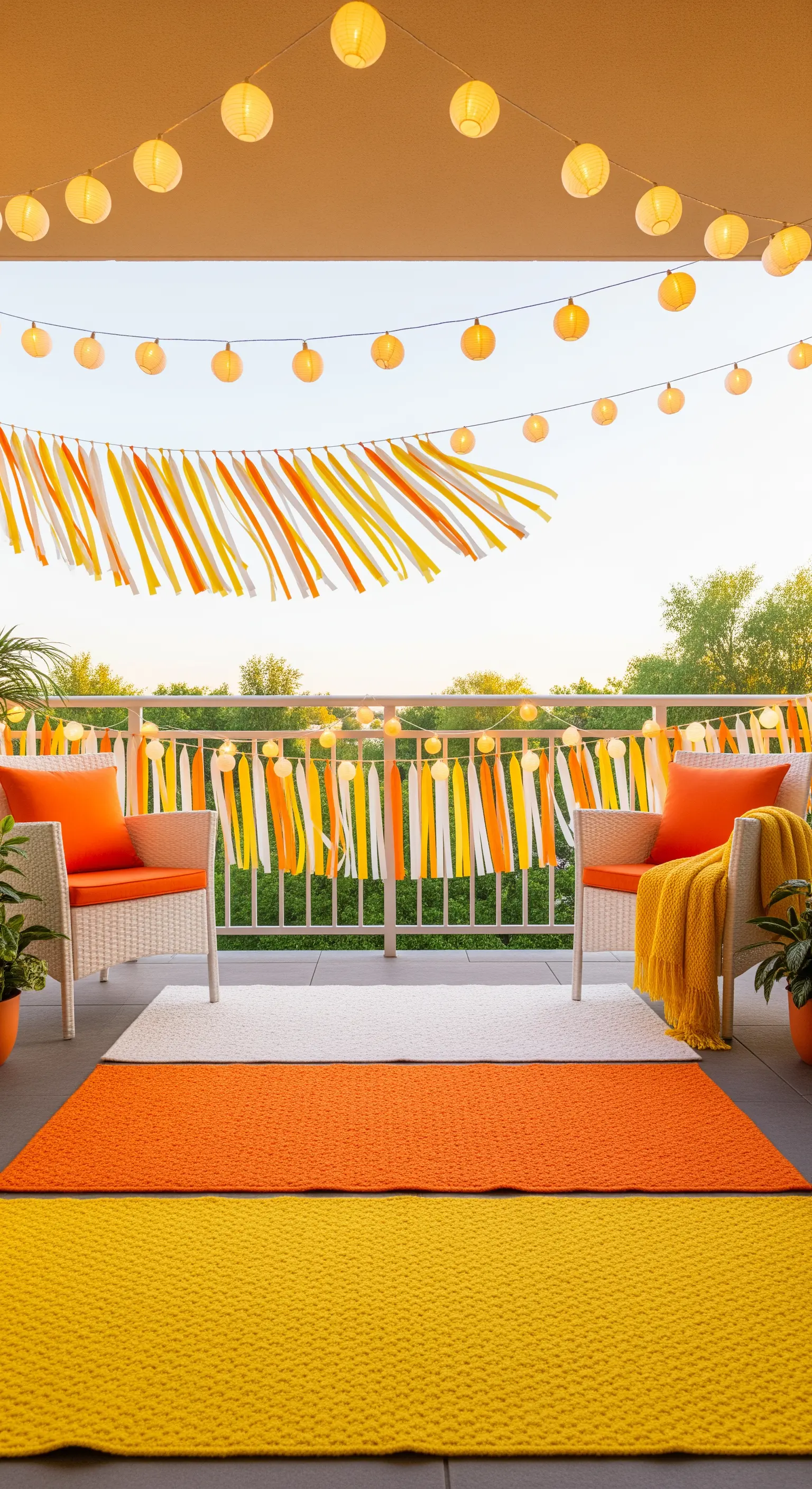Balkon in Candy Corn Farben mit geschichteten Teppichen, Bändergirlande, Lampion-Lichterkette und orangefarbenen Möbeln.
