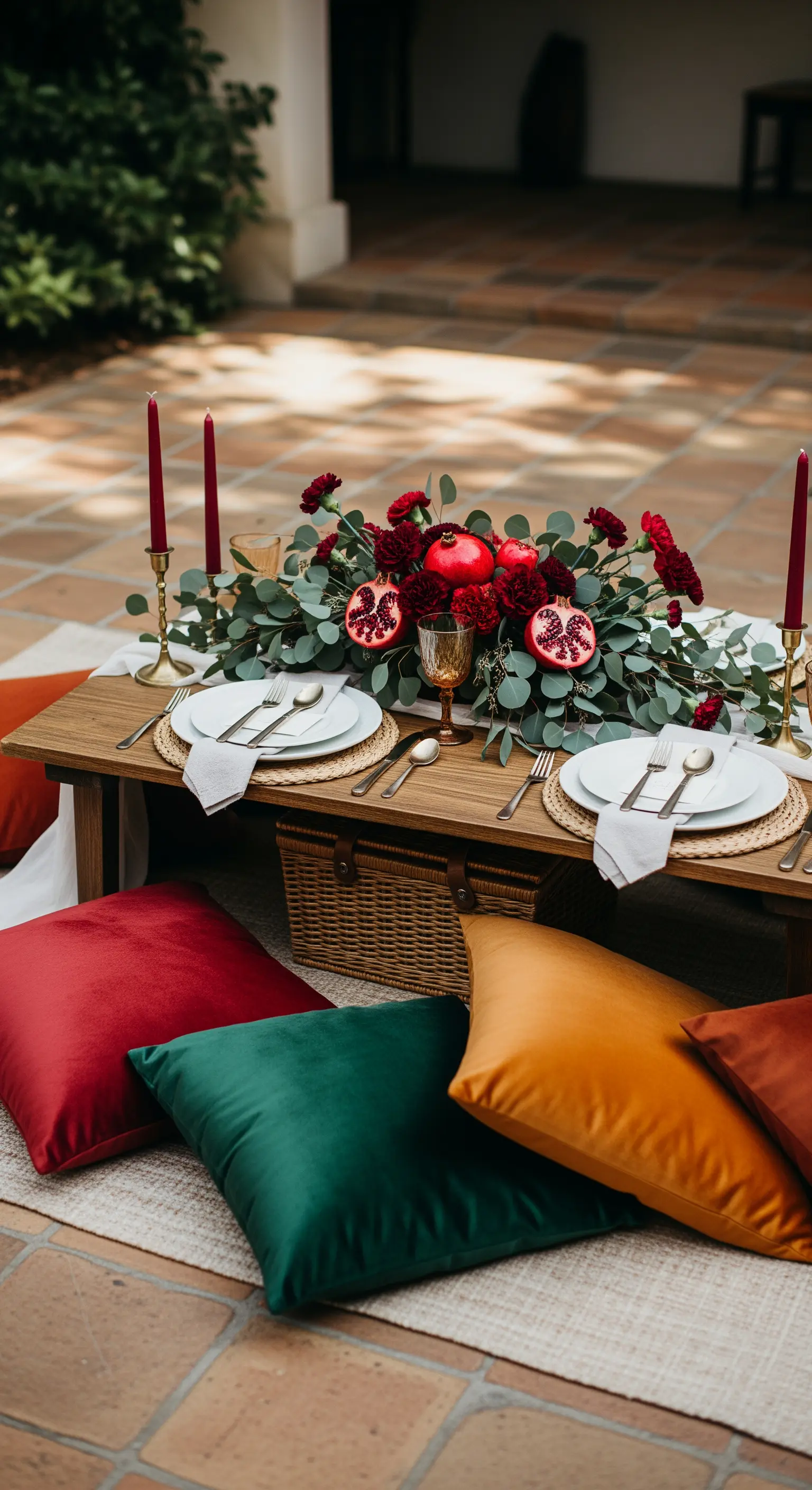 Holztisch auf Terrakotta-Terrasse mit roten Blumen, Granatäpfeln und bunten Samtkissen.