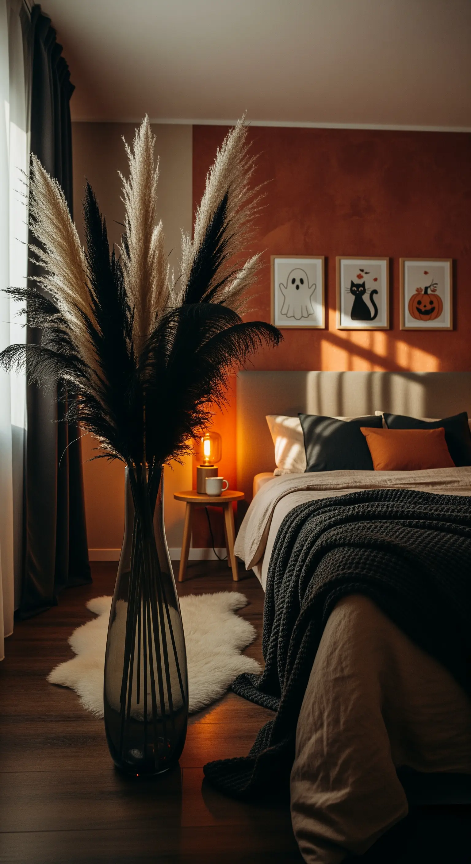 Schlafzimmer mit Terrakotta-Wand, Pampasgras-Vase und gerahmten Halloween-Bildern