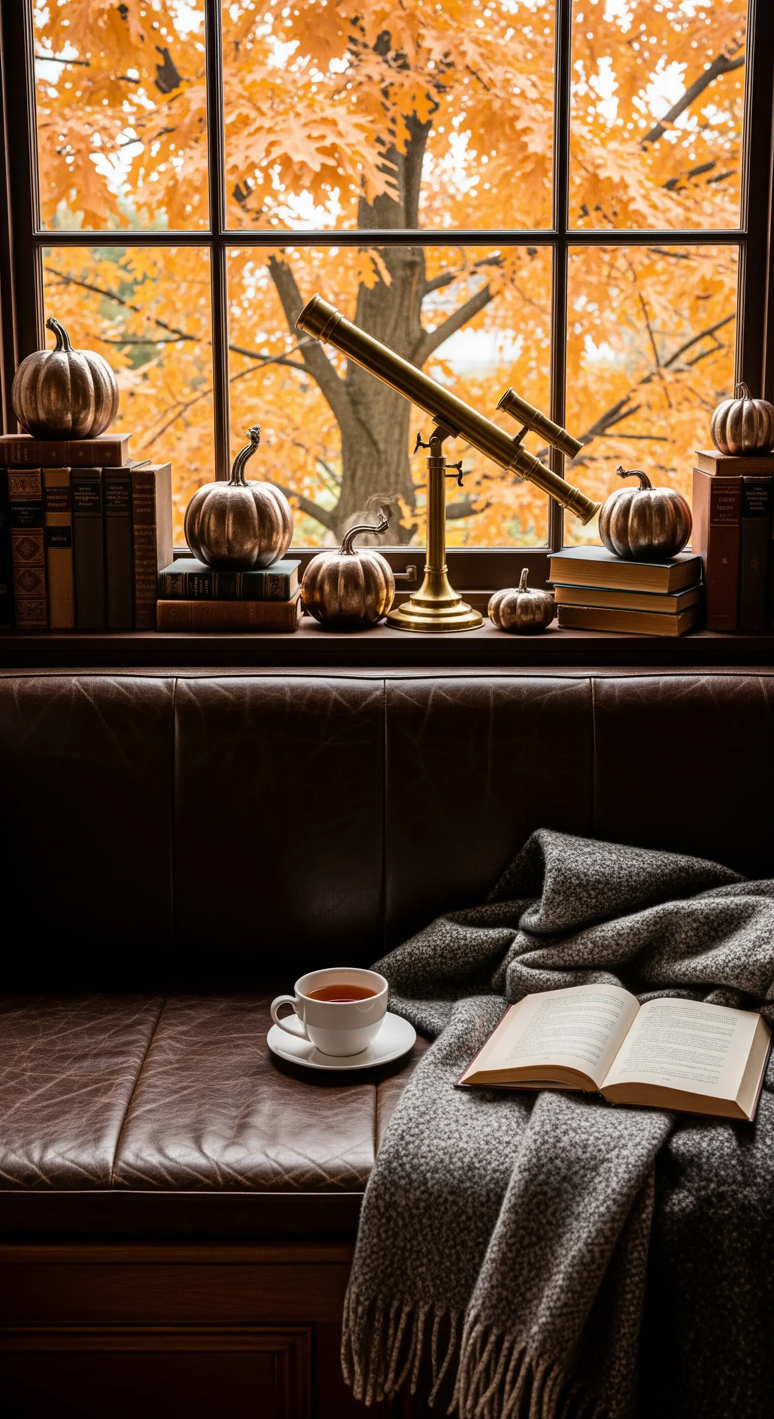 Fensternische, Bücher, Kürbisse, Teleskop, Herbst, gemütlich.