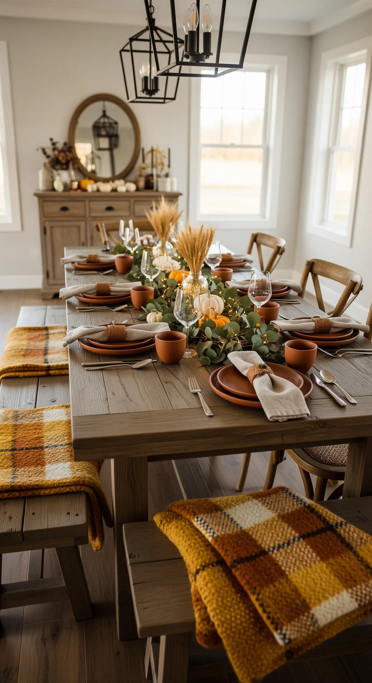 Rustikale Herbsttafel mit Eukalyptus, Kürbissen, Weizenähren und karierten Plaids in Erdtönen.