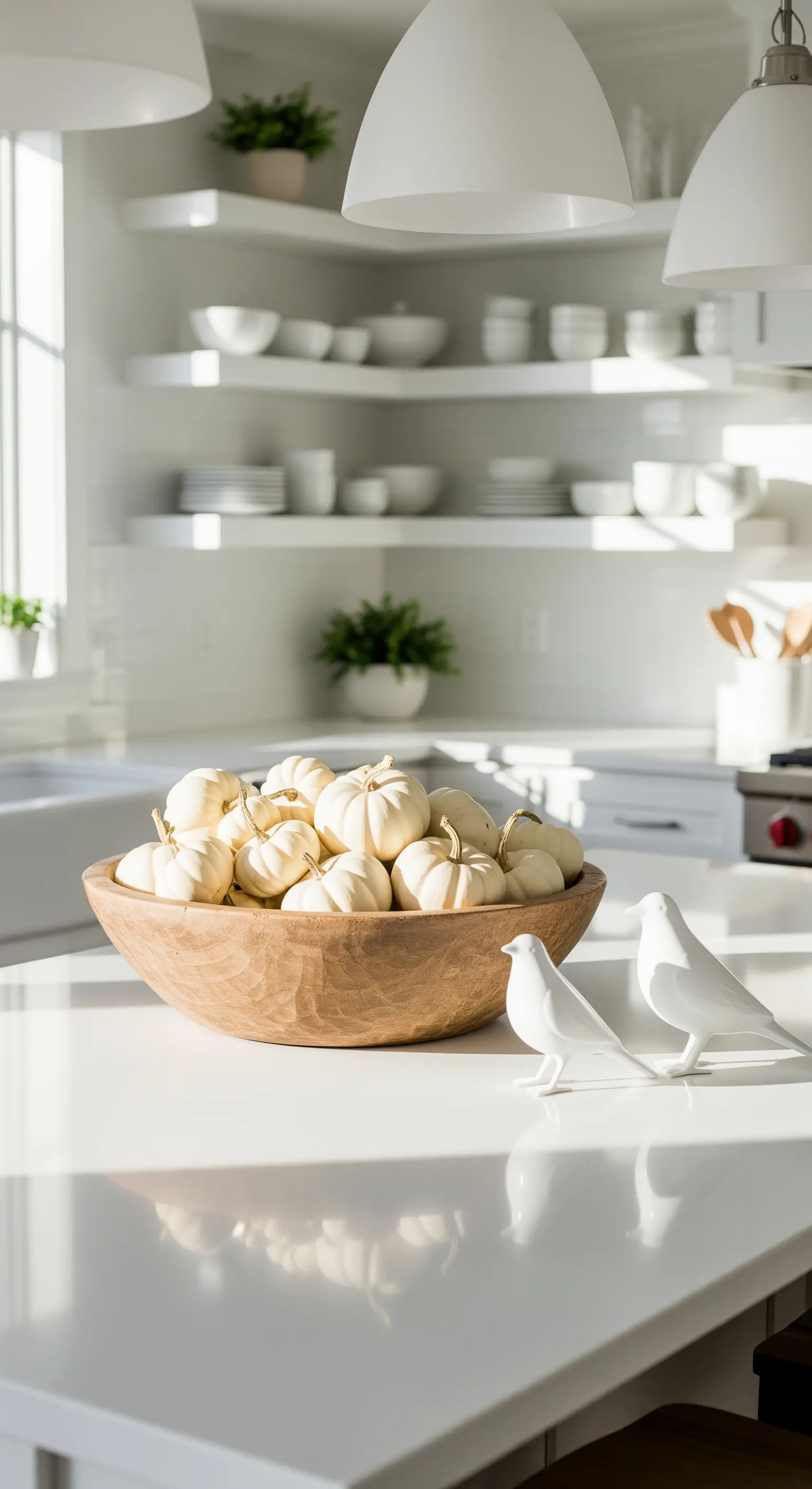 Küche mit Holzkorb voller weißer Mini-Kürbisse und zwei weißen Keramikvögeln