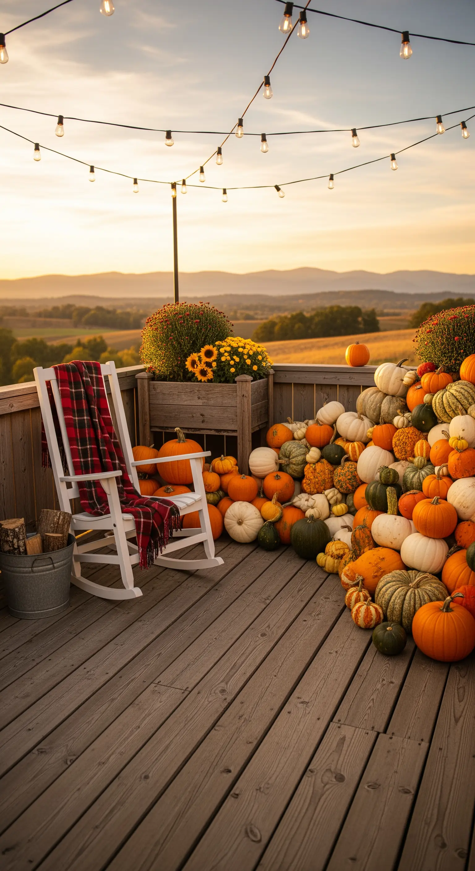 Große Terrasse mit Schaukelstuhl, riesiger Ansammlung bunter Kürbisse, Lichterketten