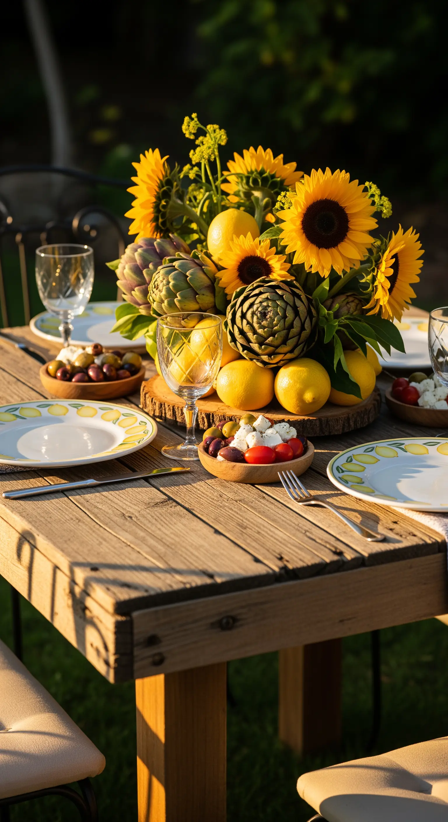 Holztisch mit Sonnenblumen, Artischocken und Zitronen als Centerpiece