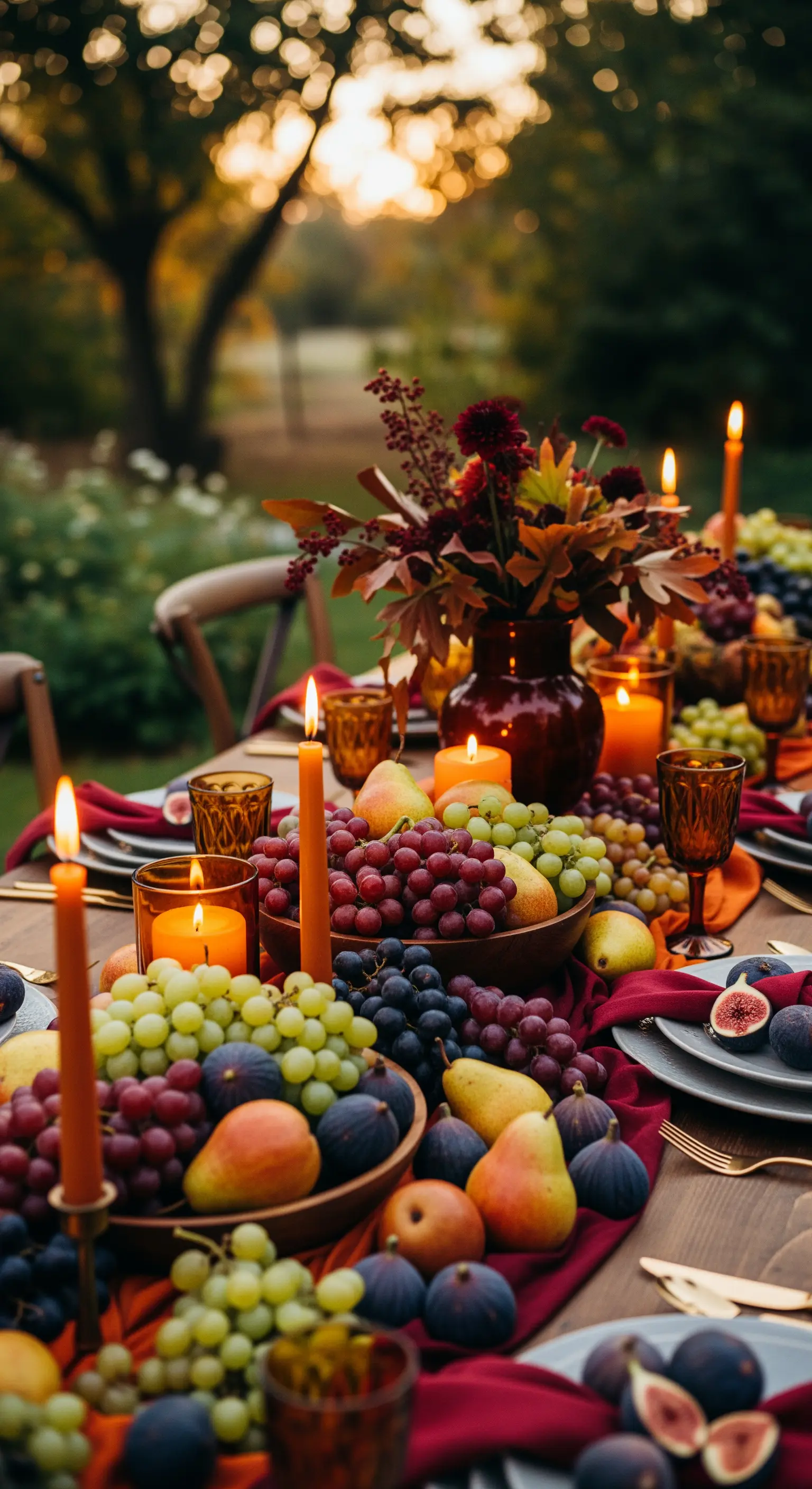 Holztisch mit roten Stoffen, üppigen Früchten, herbstlichen Blumen und Kerzen.