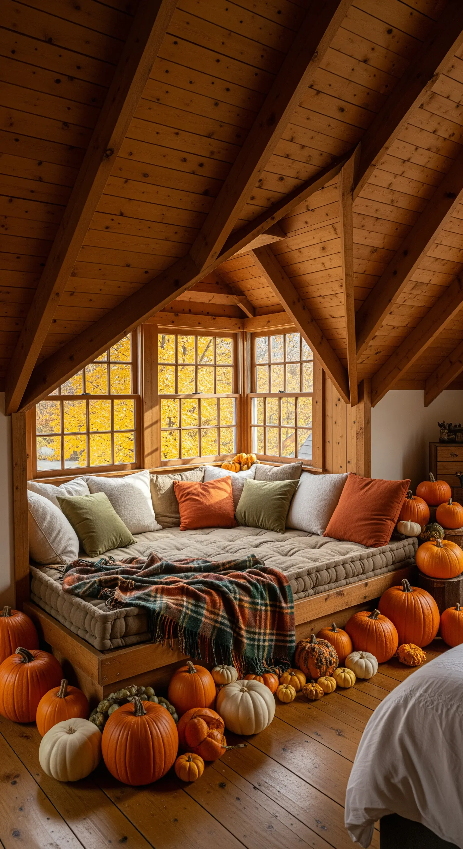 Erkerfenster mit Herbst-Kissenlandschaft, Plaid und vielen orangefarbenen Kürbissen