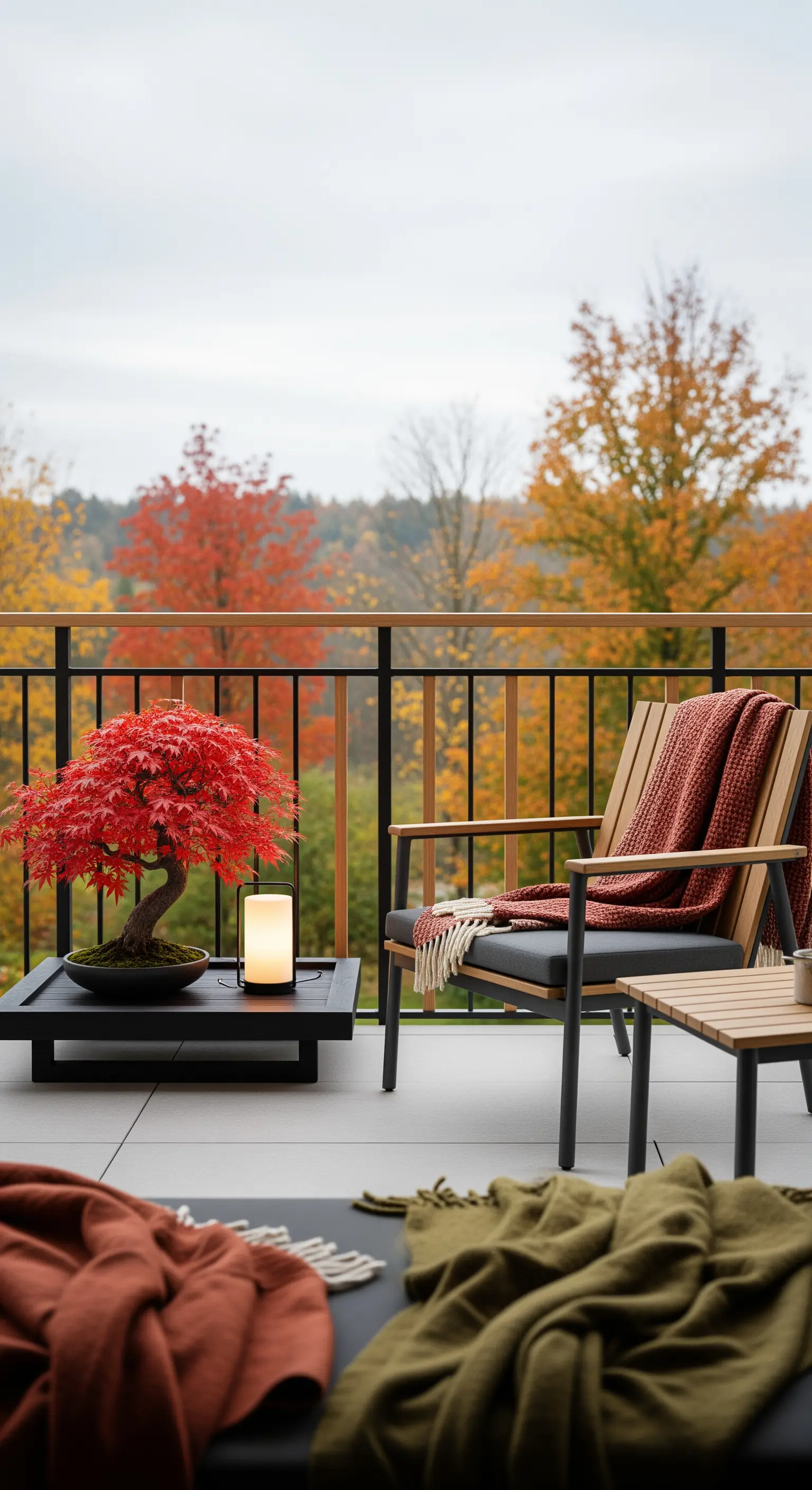 Roter Fächerahorn auf Beistelltisch, warme Decken, Laterne auf Balkon