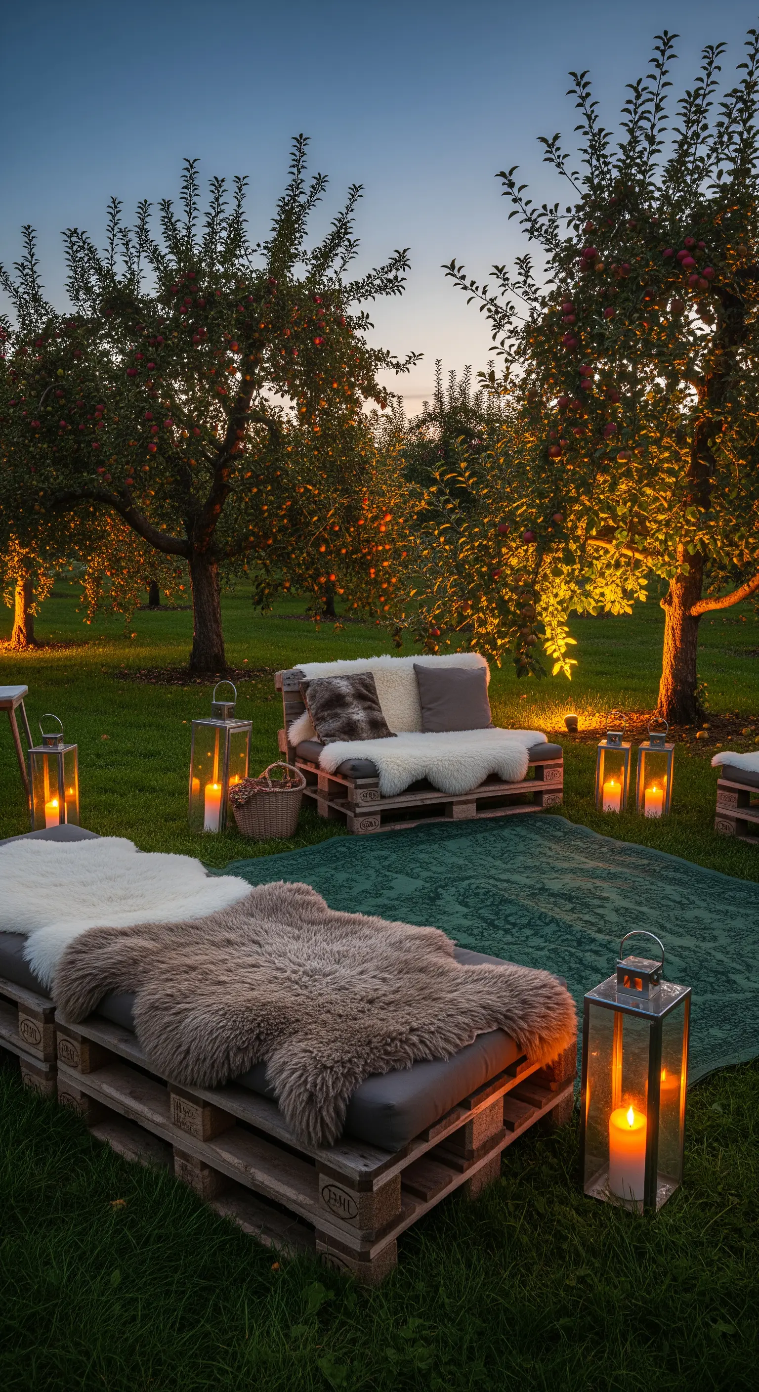 Rustikale Palettenmöbel mit Schaffellen, grünem Teppich und Laternenlicht unter Apfelbäumen bei Dämmerung.