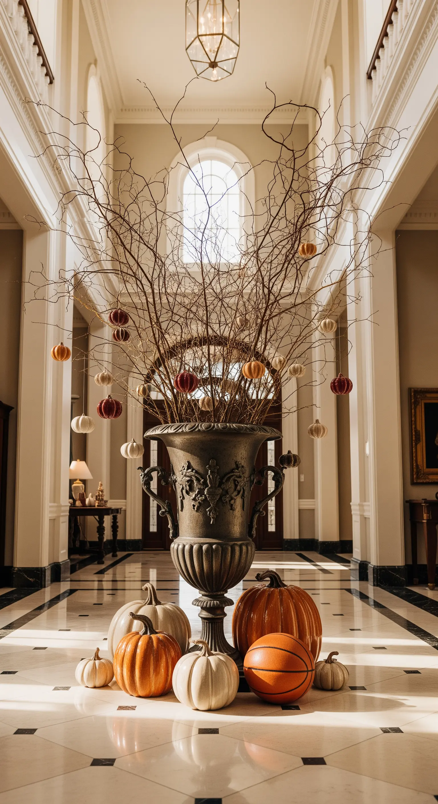 Großes Foyer mit Urne voller Äste und hängenden Mini-Kürbissen in Orange, Weiß, Burgunderrot.